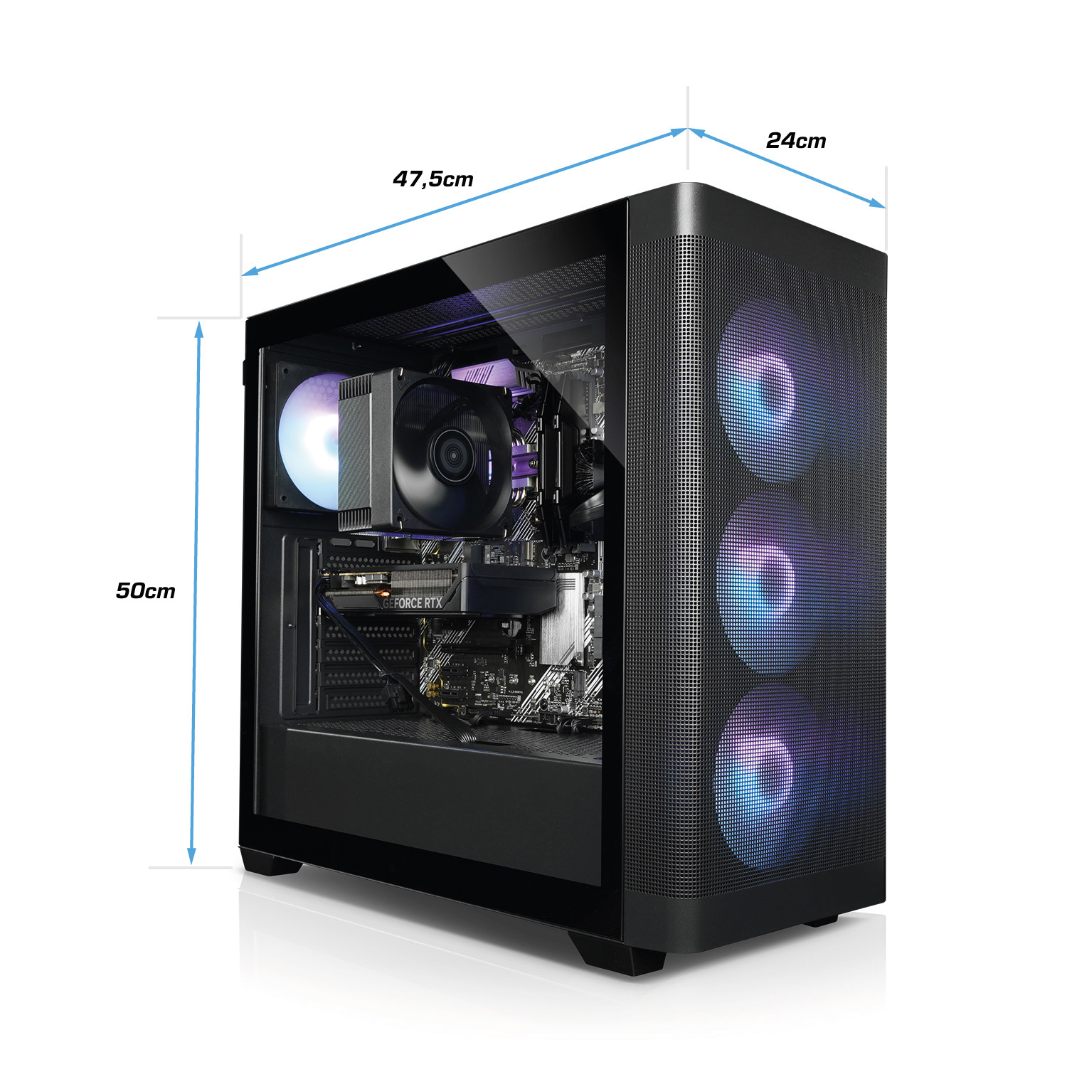 Un boîtier d'ordinateur noir avec des dimensions étiquetées. À l'intérieur, des composants comme un ventilateur, une carte graphique et une carte mère sont visibles.