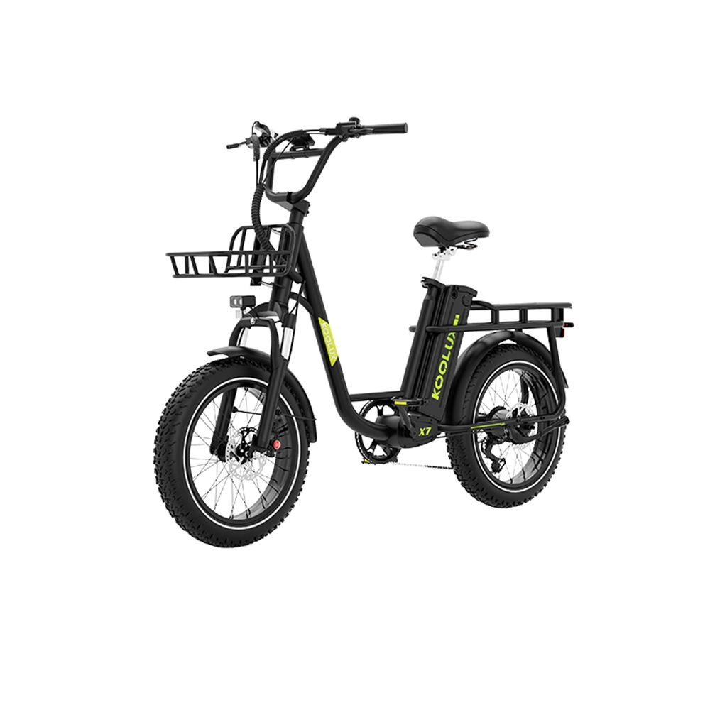 Schwarzes Elektrofahrrad mit Korb, Sitz und Gepäckträger. Dicke Reifen, Scheinwerfer und Lenker. Die Marke ist KOOLUX.
