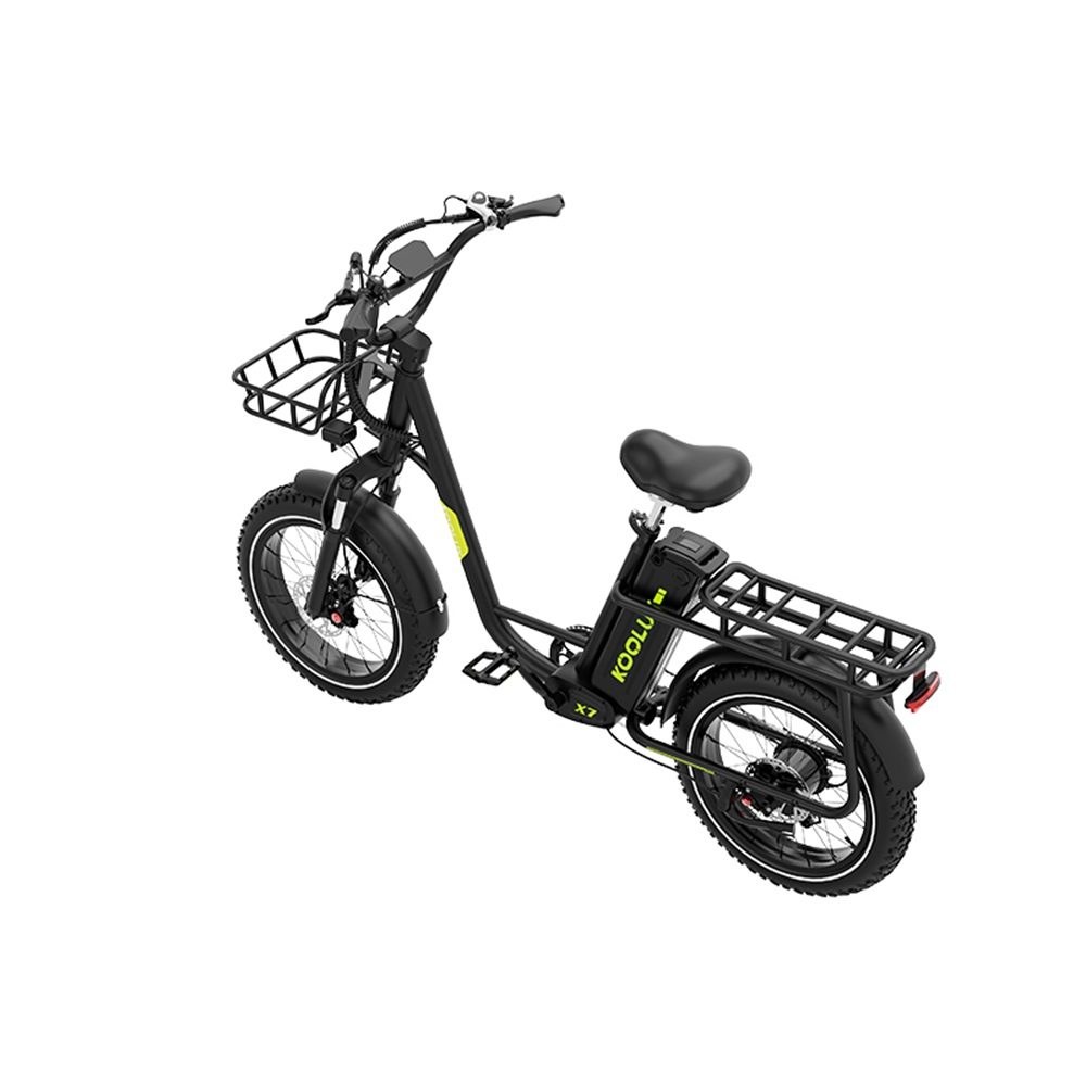 Ein schwarzes Elektrofahrrad mit Korb, Gepäckträger und einem Akku mit der Aufschrift 'KOOLLU X7' auf weißem Hintergrund.