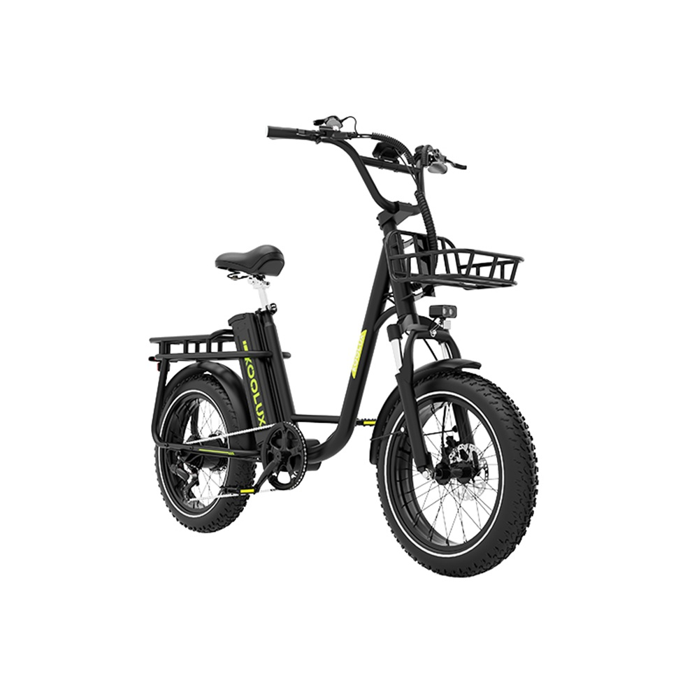 Schwarzes Elektrofahrrad mit Korb und Gepäckträger. Es hat breite Reifen und einen schwarzen Sitz. Der Hintergrund ist weiß.