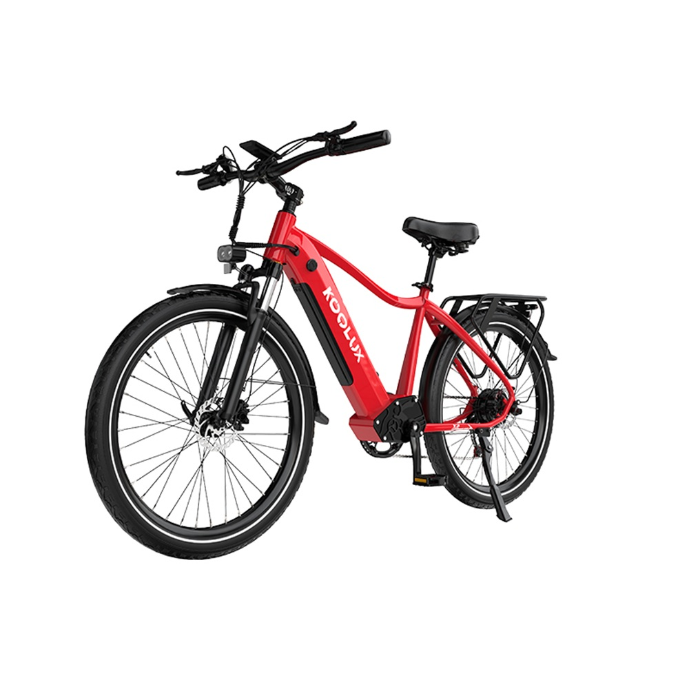 Ein rotes Elektrofahrrad der Marke KOOLUX vor weißem Hintergrund. Mit schwarzen Reifen, Sattel und Lenker. Hat einen Gepäckträger.