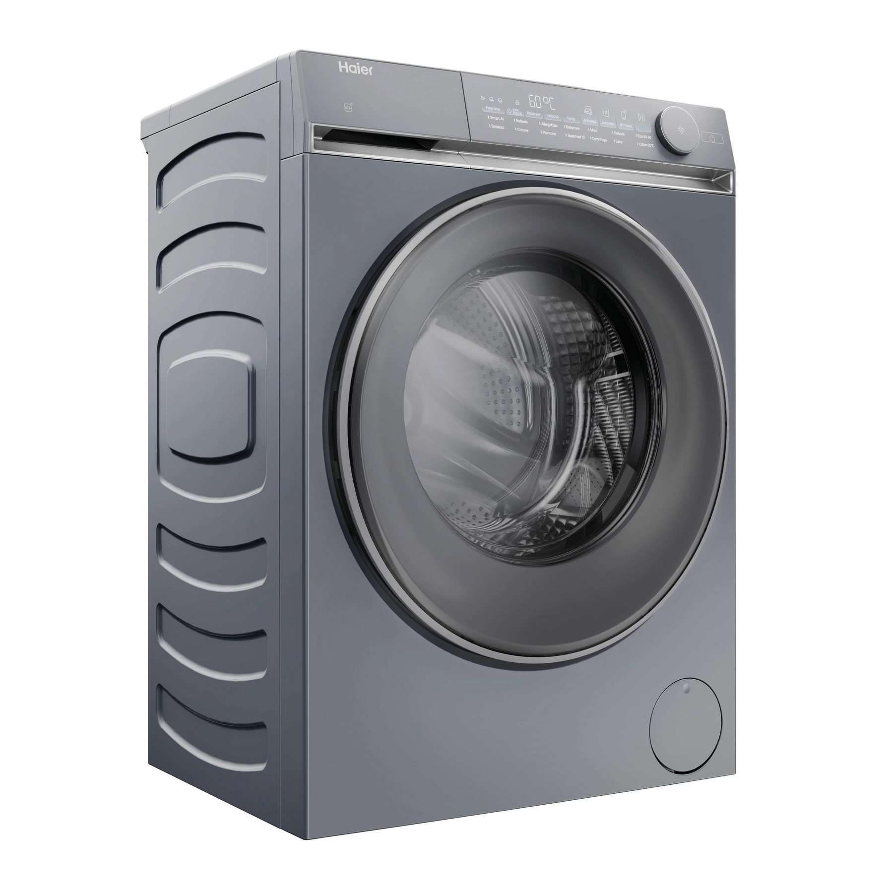 Una lavatrice Haier grigia. Ha una porta in vetro e un pannello di controllo con pulsanti e display della temperatura.