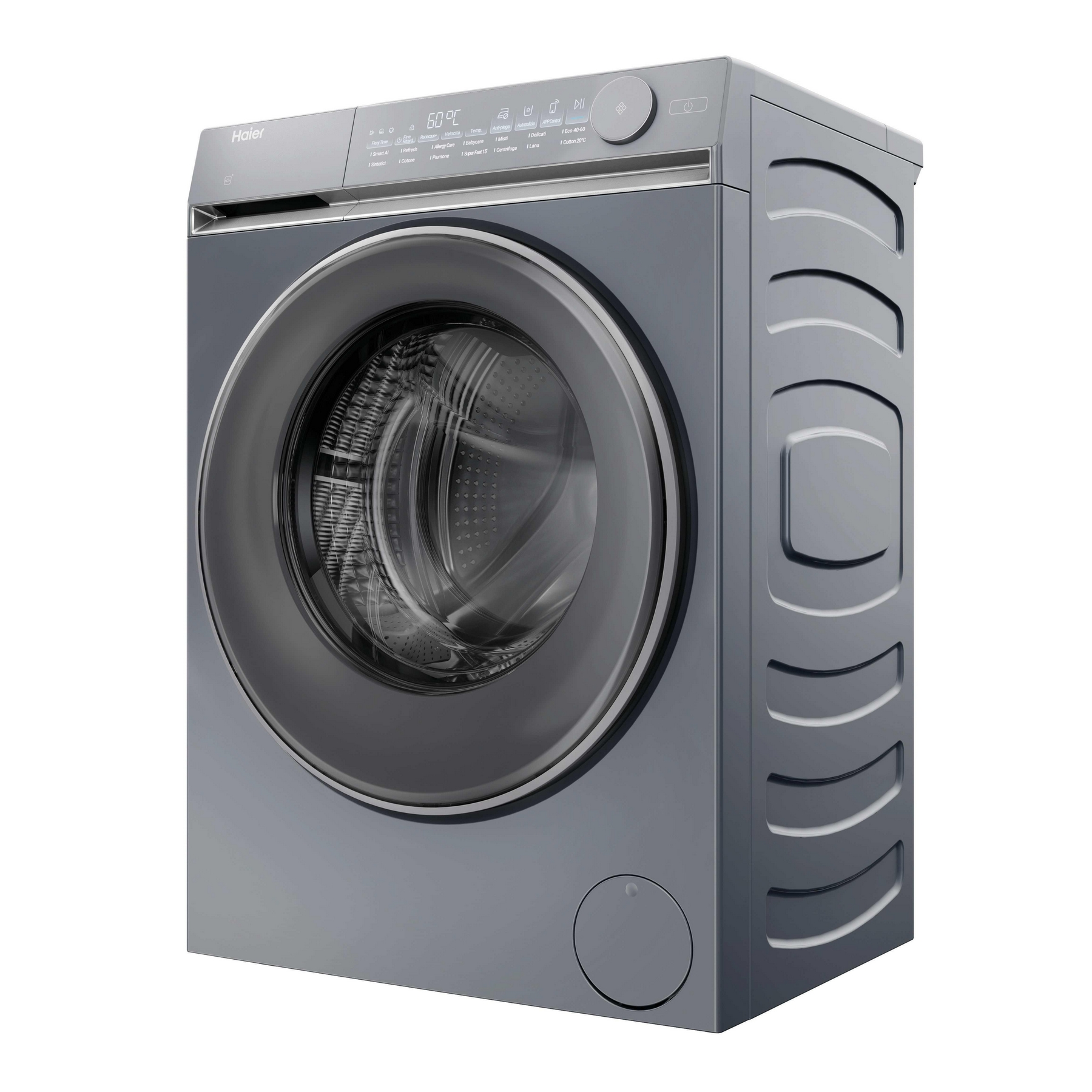 Una lavatrice Haier grigia. Ha una porta rotonda e un display digitale. I pulsanti e una manopola sono in alto.