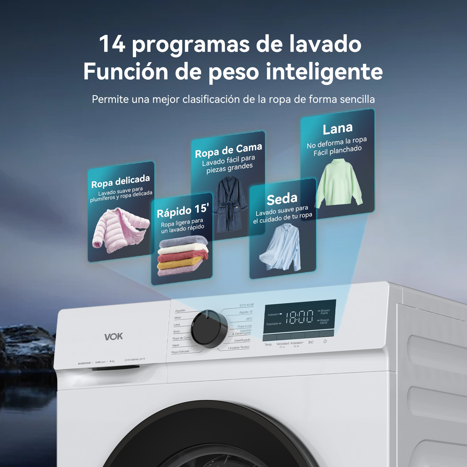 Una lavadora blanca con puerta negra. Tiene 14 programas, incluyendo opciones delicadas, rápidas y de seda.