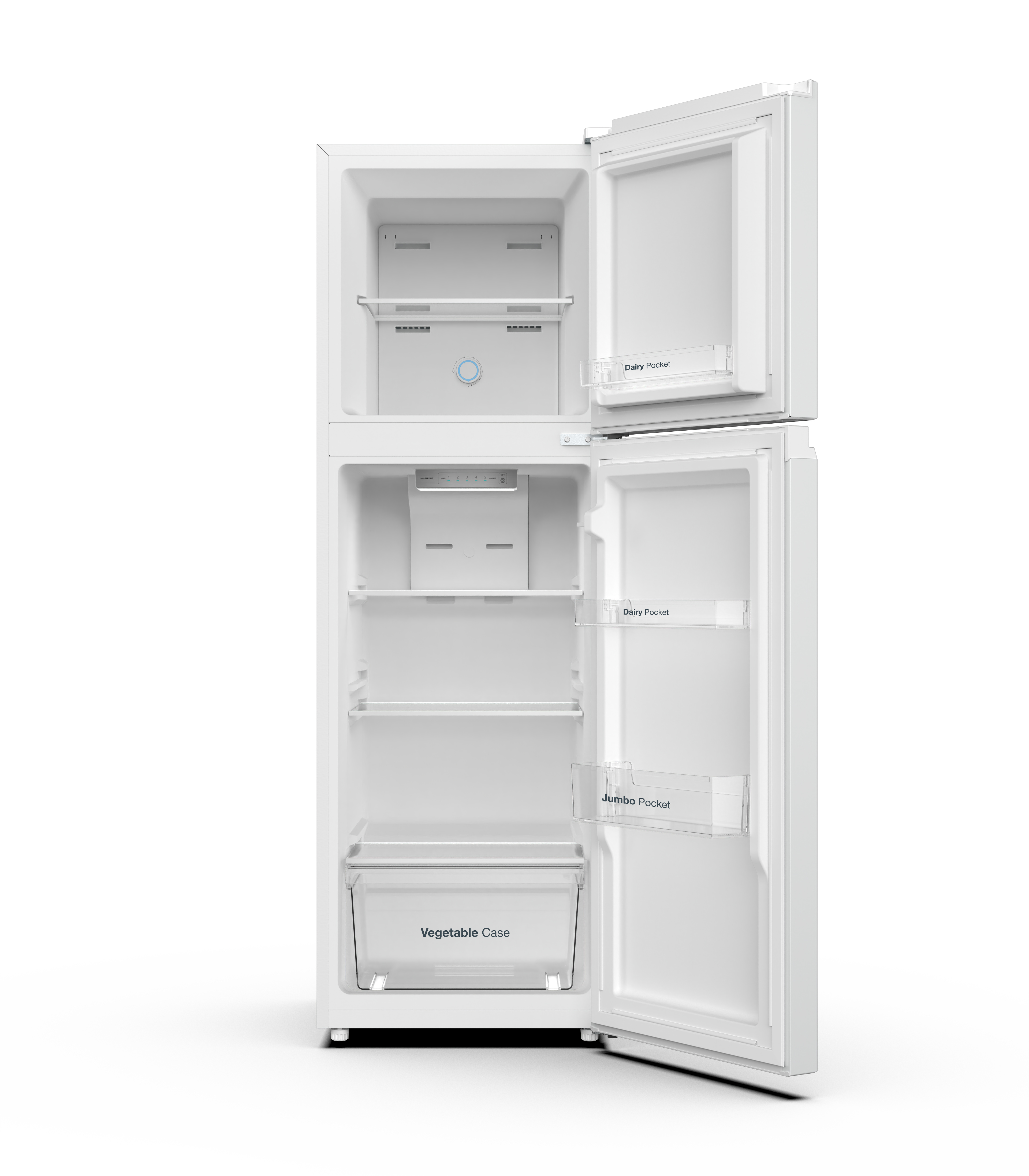 Un refrigerador blanco con las puertas abiertas. En el interior, estantes, cajones y compartimentos, con 'Dairy Pocket' y 'Vegetable Case'.