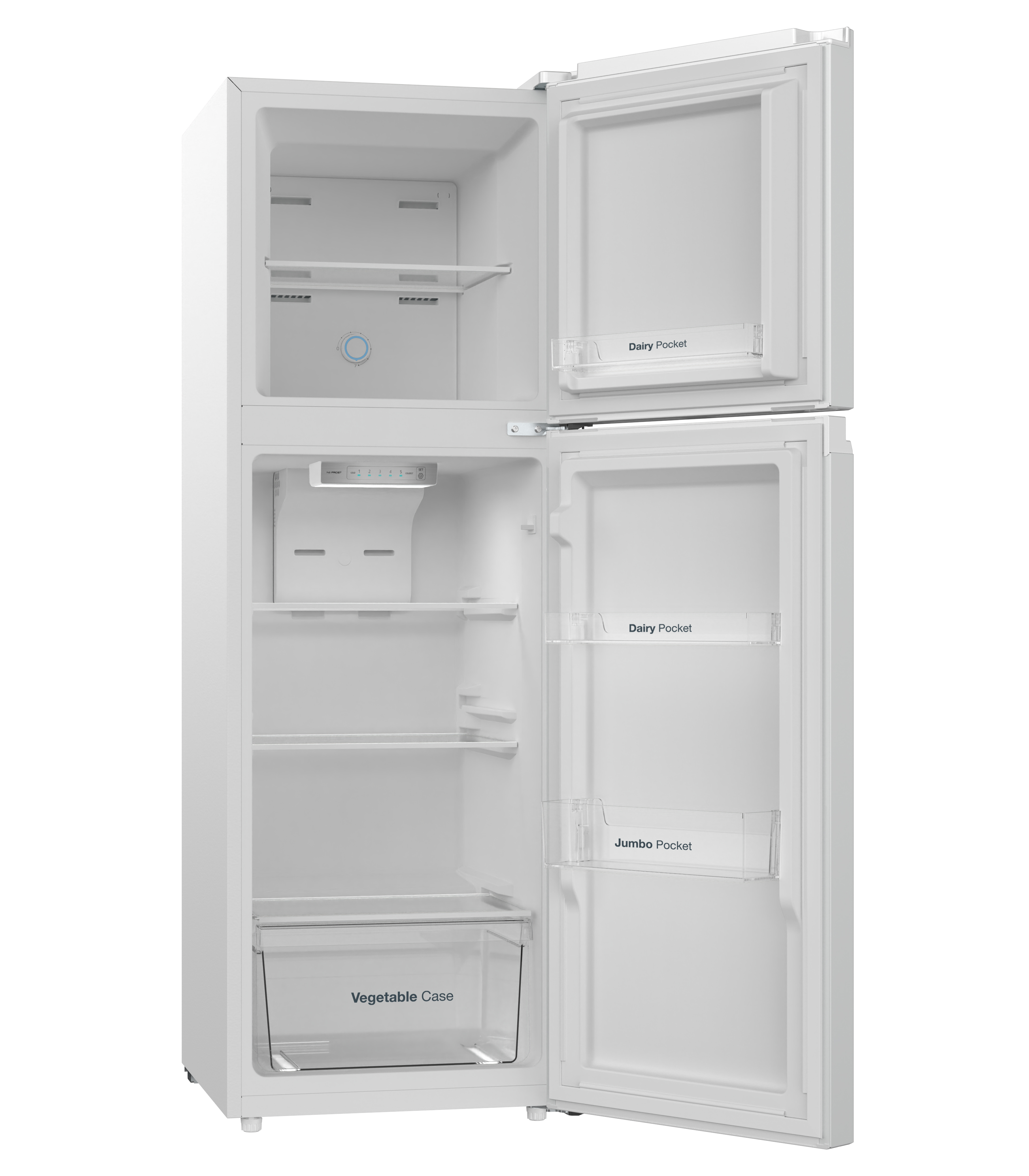 Un refrigerador blanco con puertas abiertas. Dentro, se ven estantes y compartimentos. Las etiquetas indican 'Dairy Pocket' y 'Vegetable Case'.
