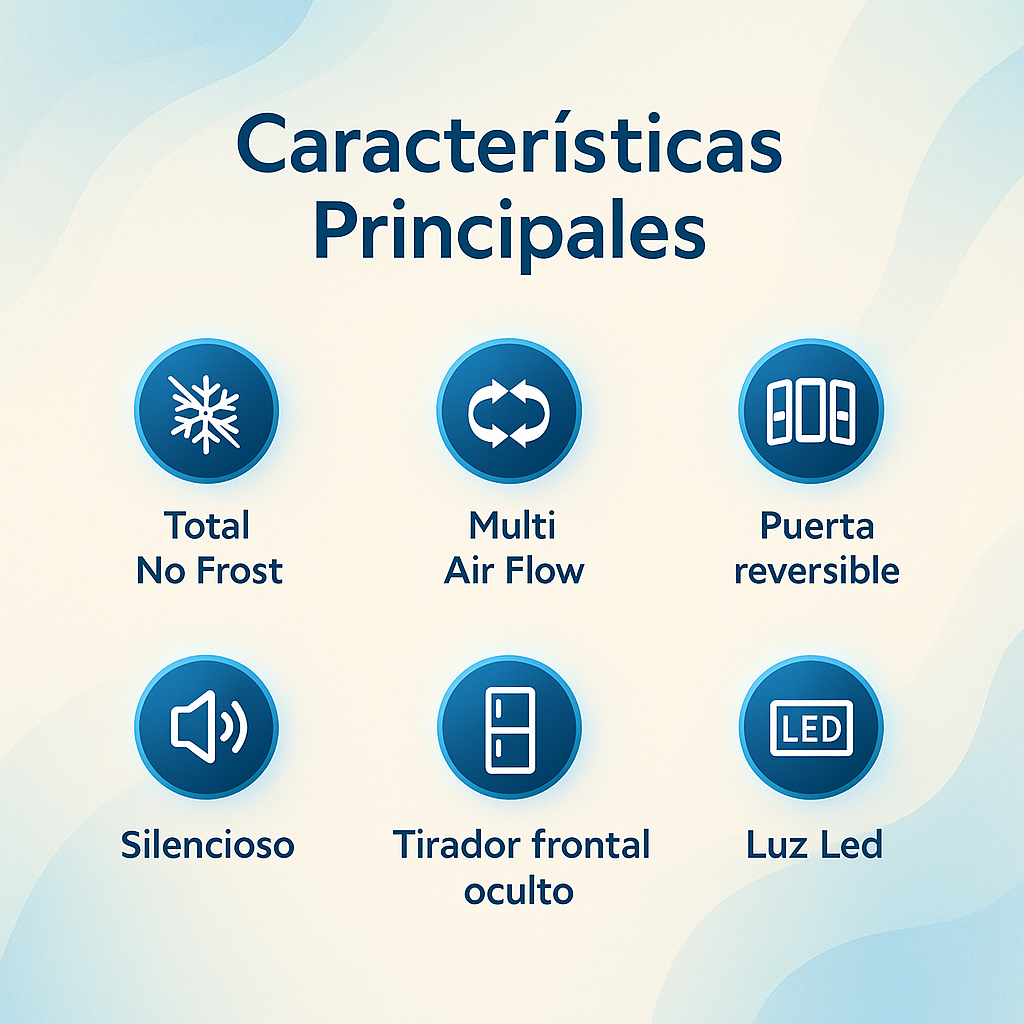 La imagen muestra características del refrigerador: Total No Frost, Multi Air Flow, puerta reversible, silencioso, tirador oculto y luz LED.