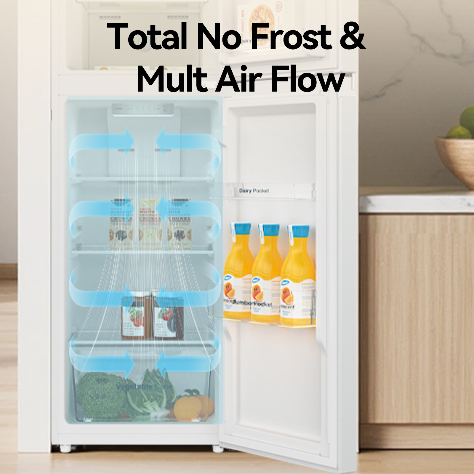 Refrigerador abierto mostrando comida y flujo de aire. Frascos, botellas de jugo, verduras y texto: Total No Frost & Mult Air Flow.