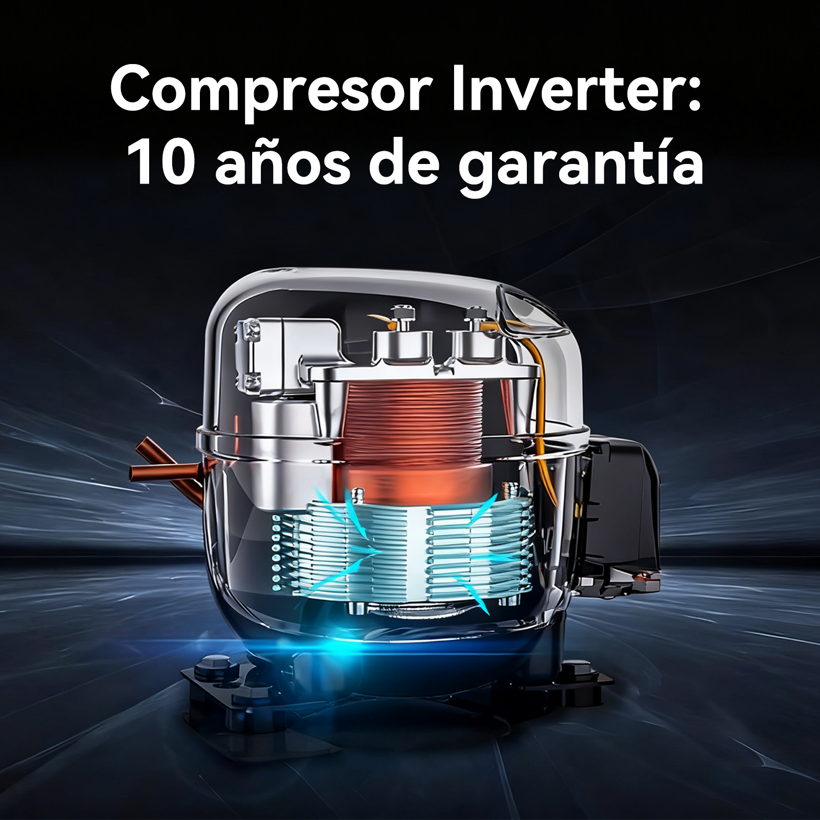 Vista seccionada de un compresor inversor con bobinas de cobre, sistema de enfriamiento azul y texto, '10 años garantía'.
