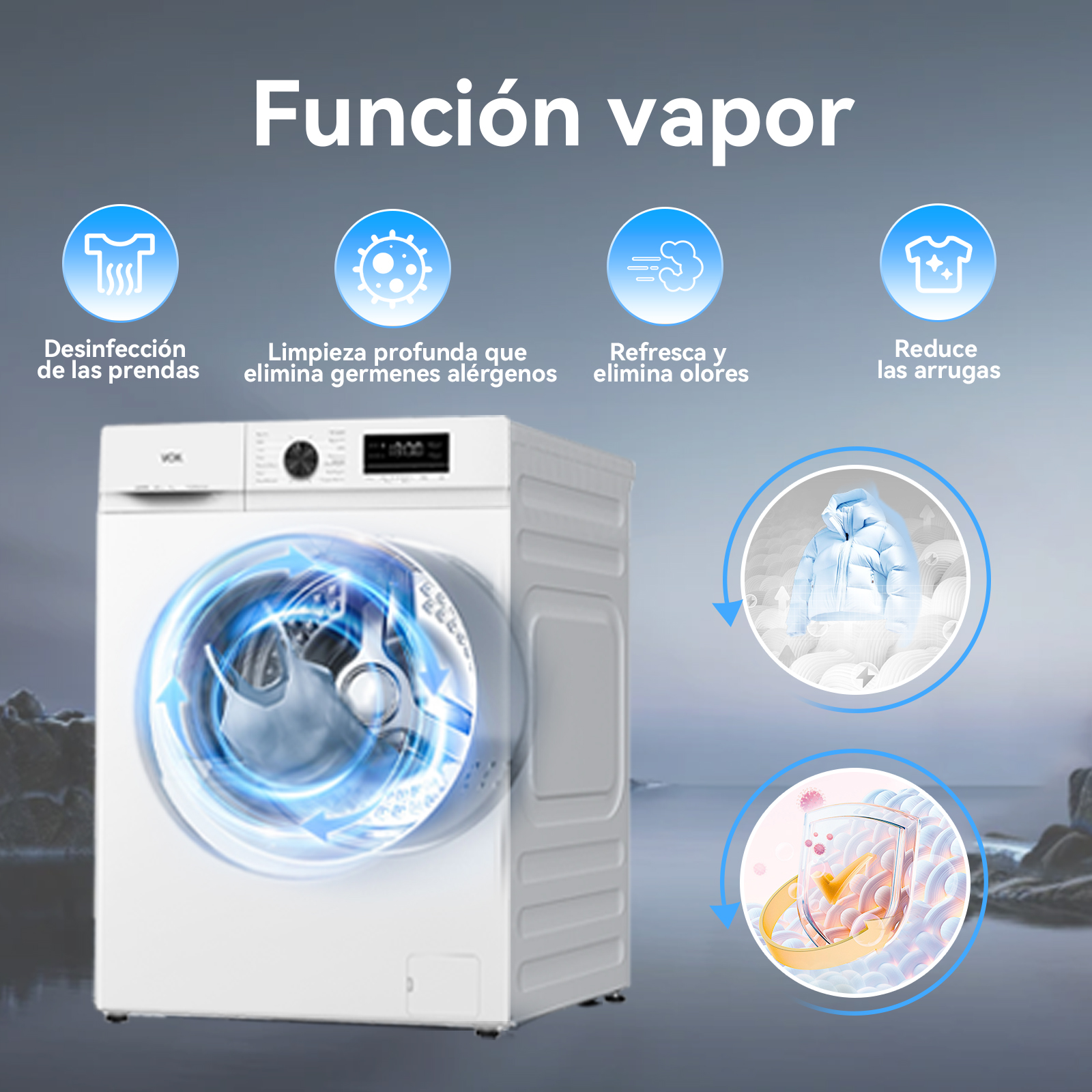 Una lavadora blanca con iconos de función de vapor. Las funciones son desinfección, limpieza, refresco y reducción de arrugas.