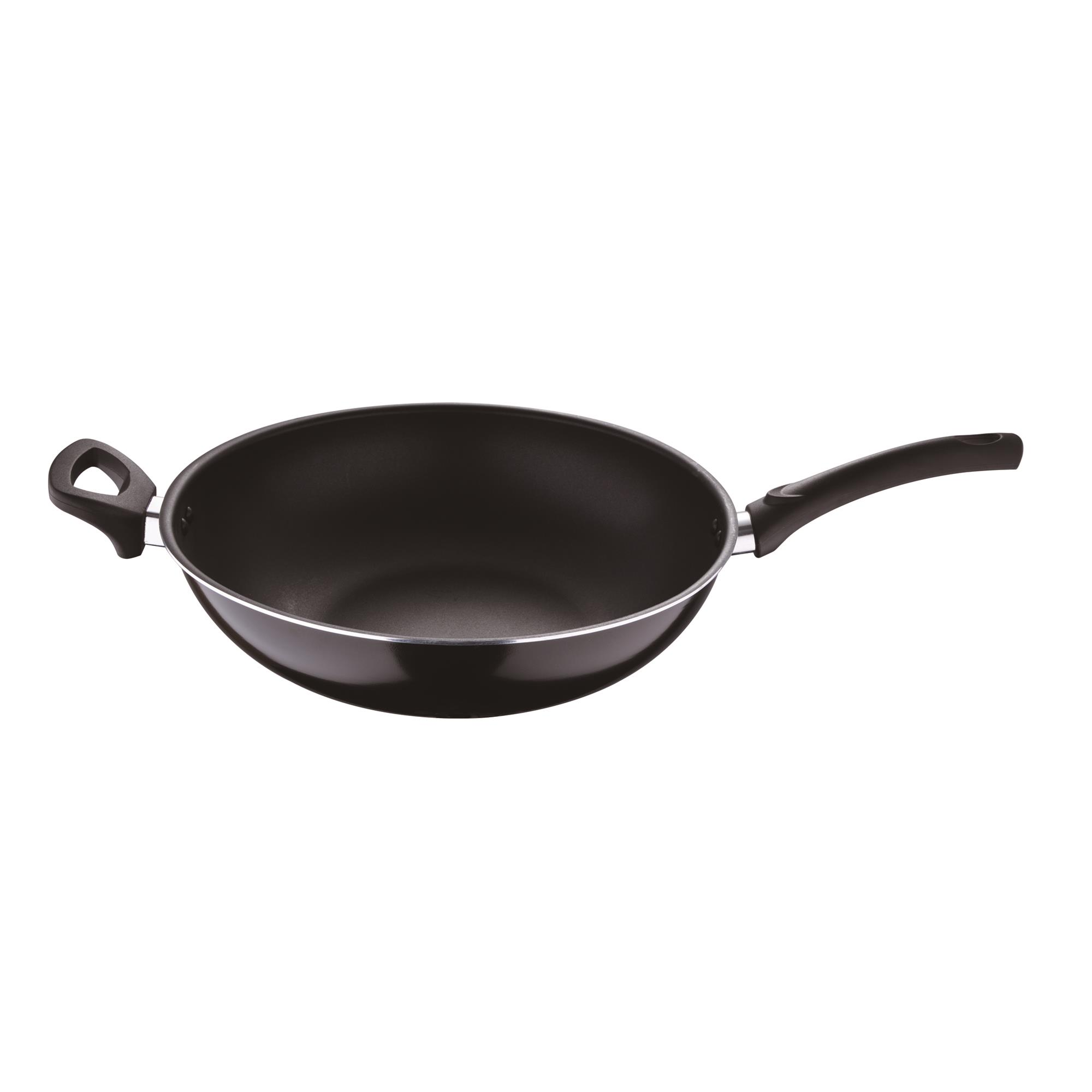 Un wok negro con un mango largo y un mango pequeño en el lado, sobre un fondo blanco.