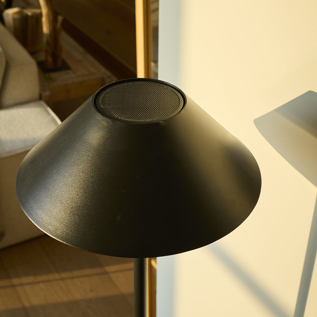 Nahaufnahme einer modernen schwarzen Lampe mit ausgestelltem Schirm. Sie hat eine Oberseite aus Netz und steht auf einer dünnen Stange. Im Hintergrund ist eine Wand.