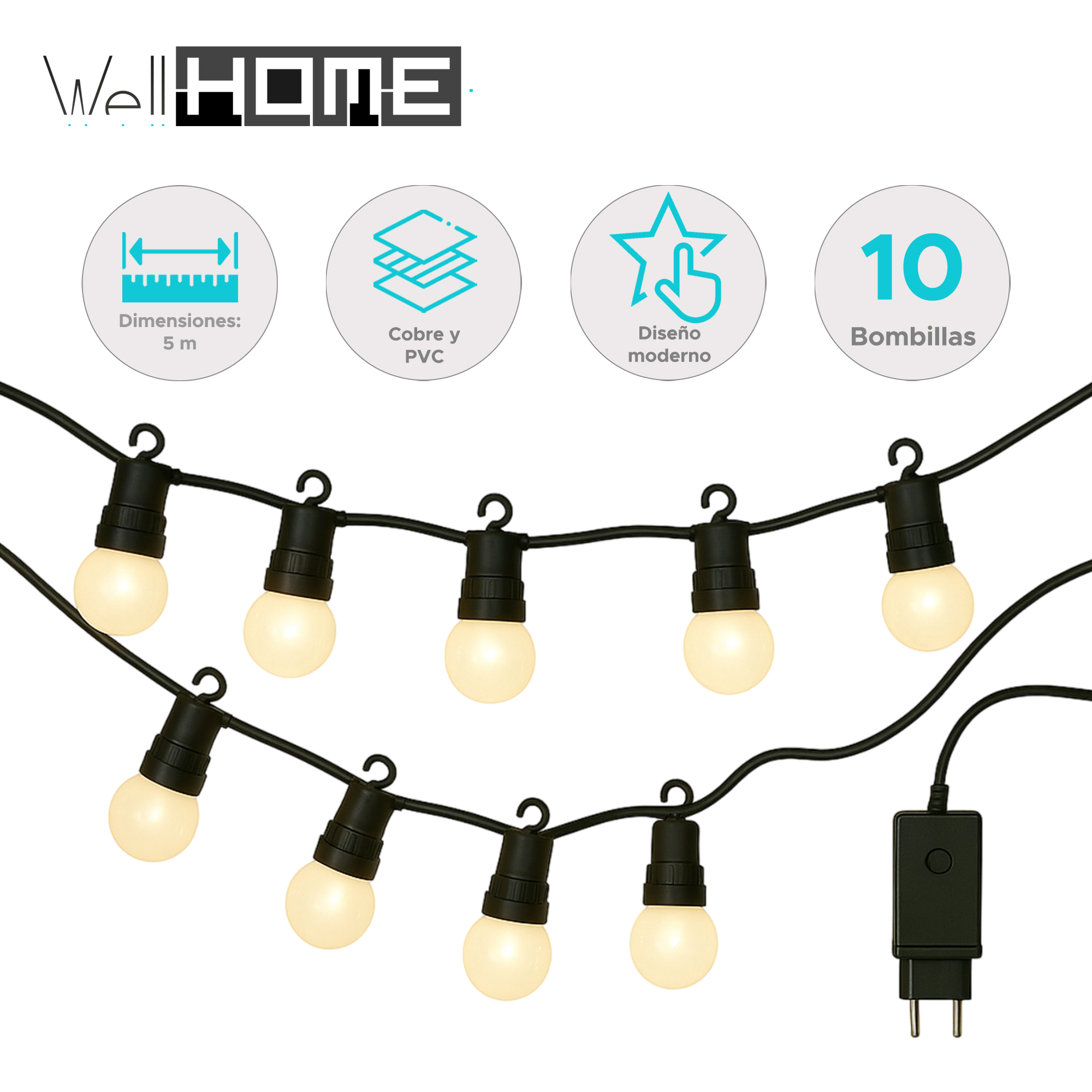Guirnalda de luces con 10 bombillas. Cable y enchufes negros. Fondo blanco. Texto: WellHOME, dimensiones 5m, cobre y PVC, diseño moderno.