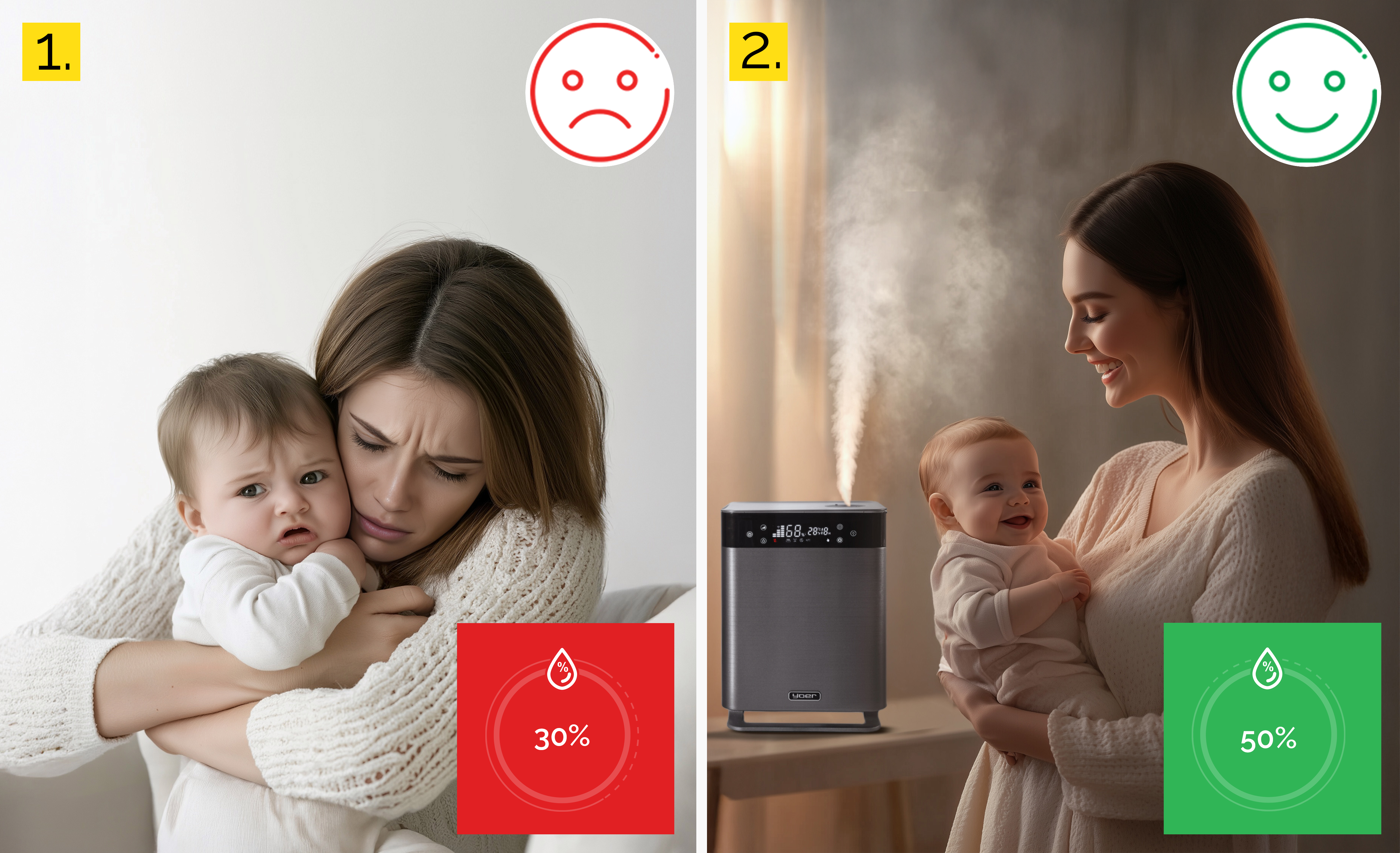 Kobieta trzyma dziecko, wygląda na smutną. Nawilżacz w tle pokazuje 30% wilgotności. Inna scena pokazuje szczęśliwe dziecko.