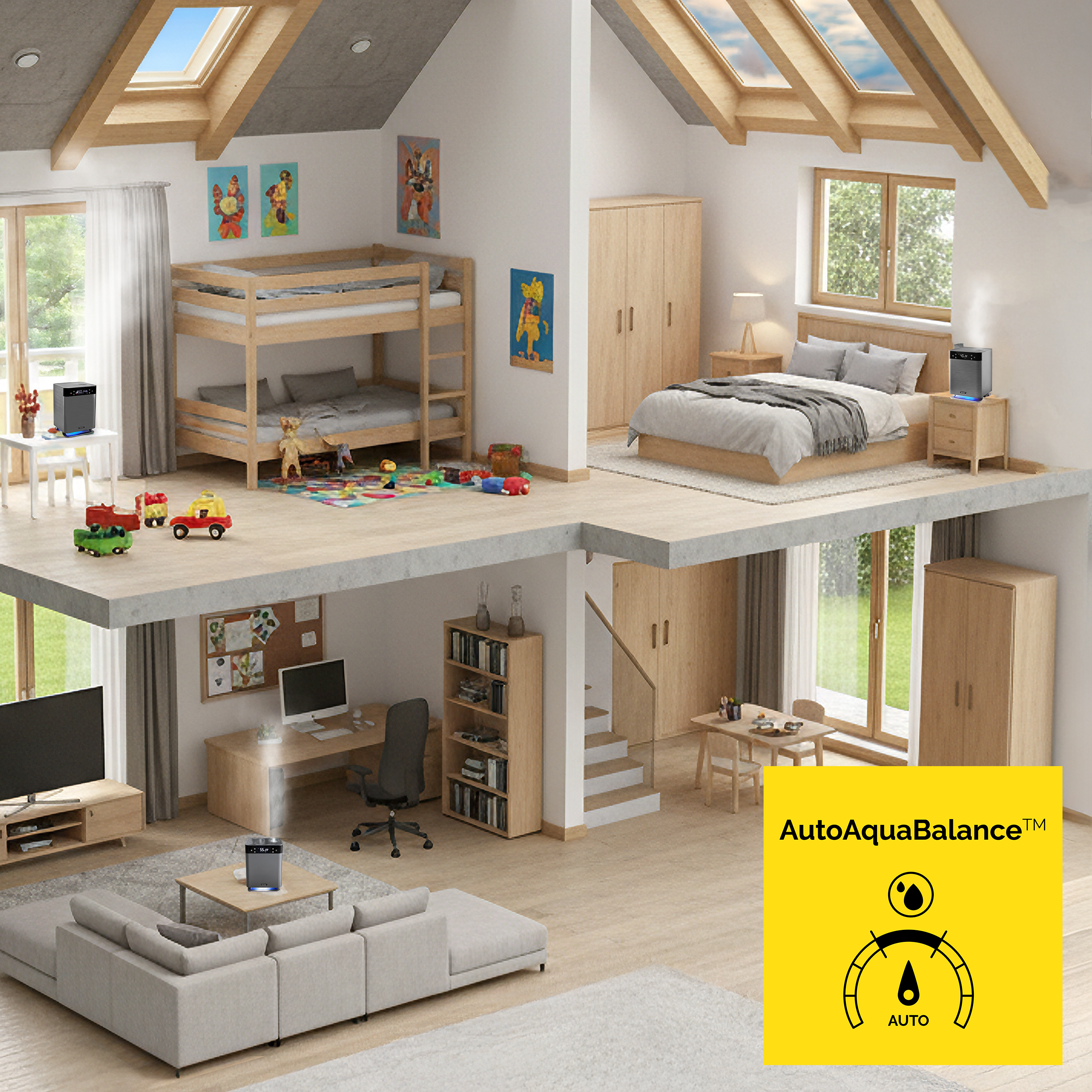 Przekrój domu pokazuje kilka pomieszczeń. Jest salon, sypialnia, pokój dziecięcy i biuro.