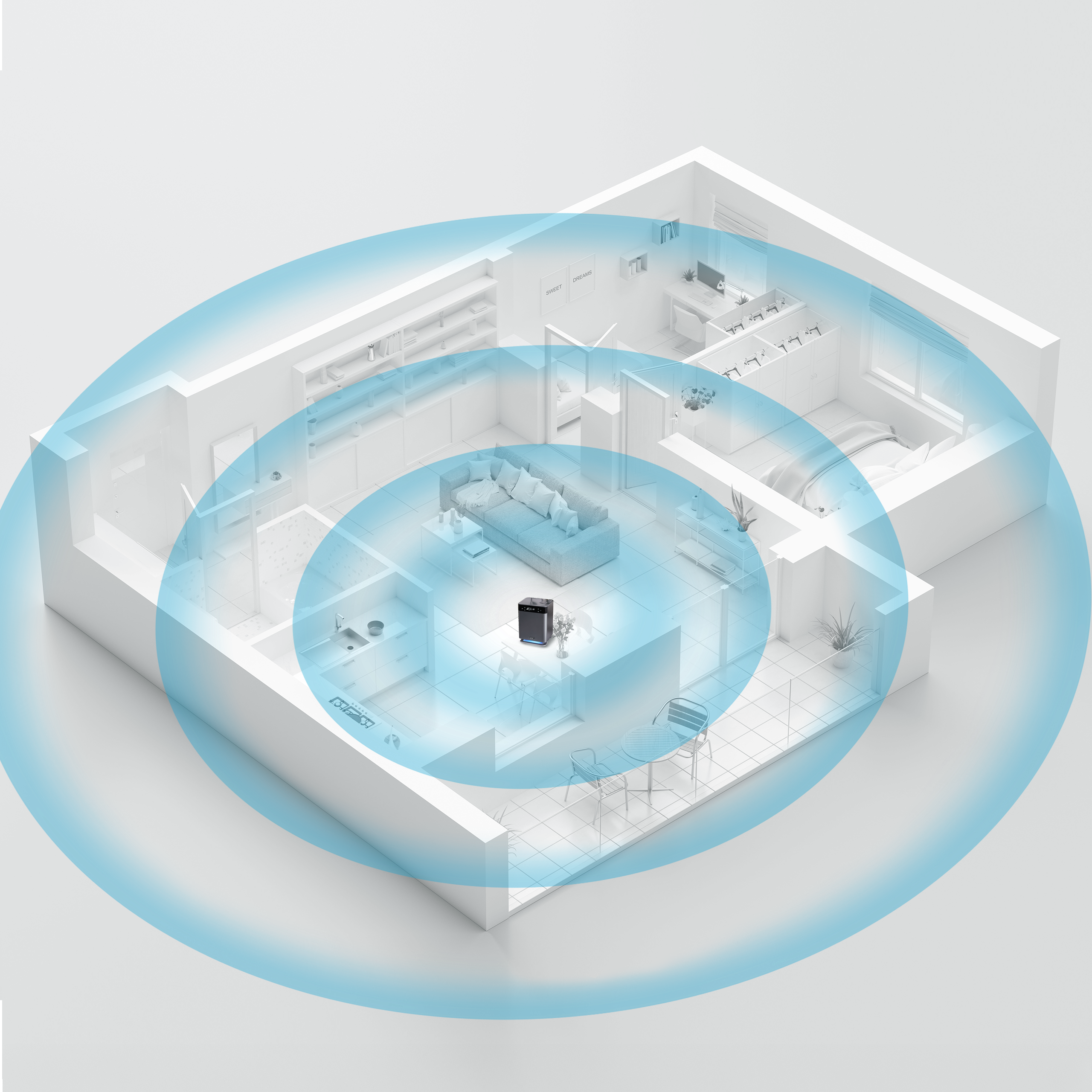 Model 3D mieszkania pokazuje oczyszczacz powietrza z niebieskimi strefami pokrycia.