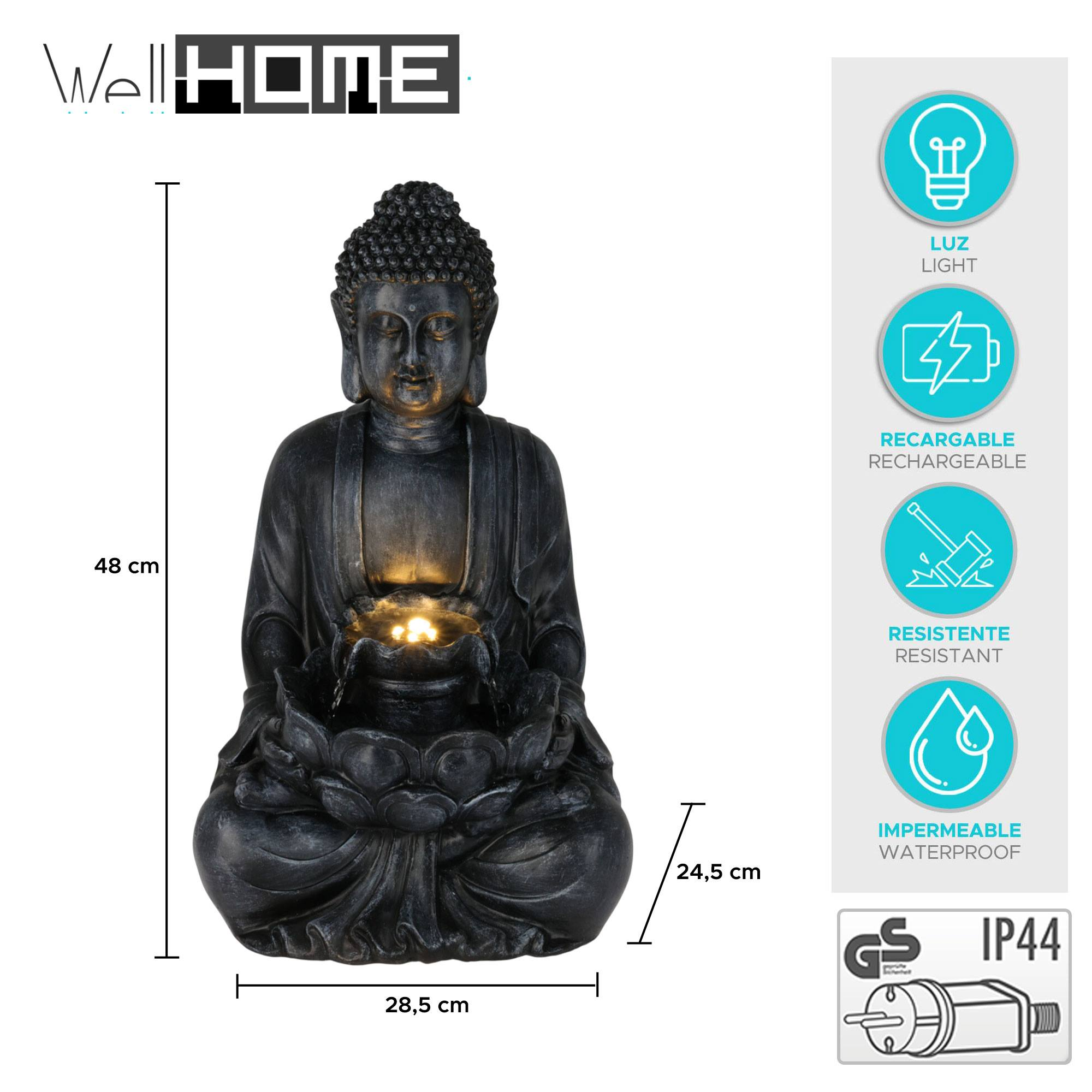 Estatua oscura de Buda con luz en la base de flor de loto. Tiene etiquetas de dimensiones e iconos de funciones.
