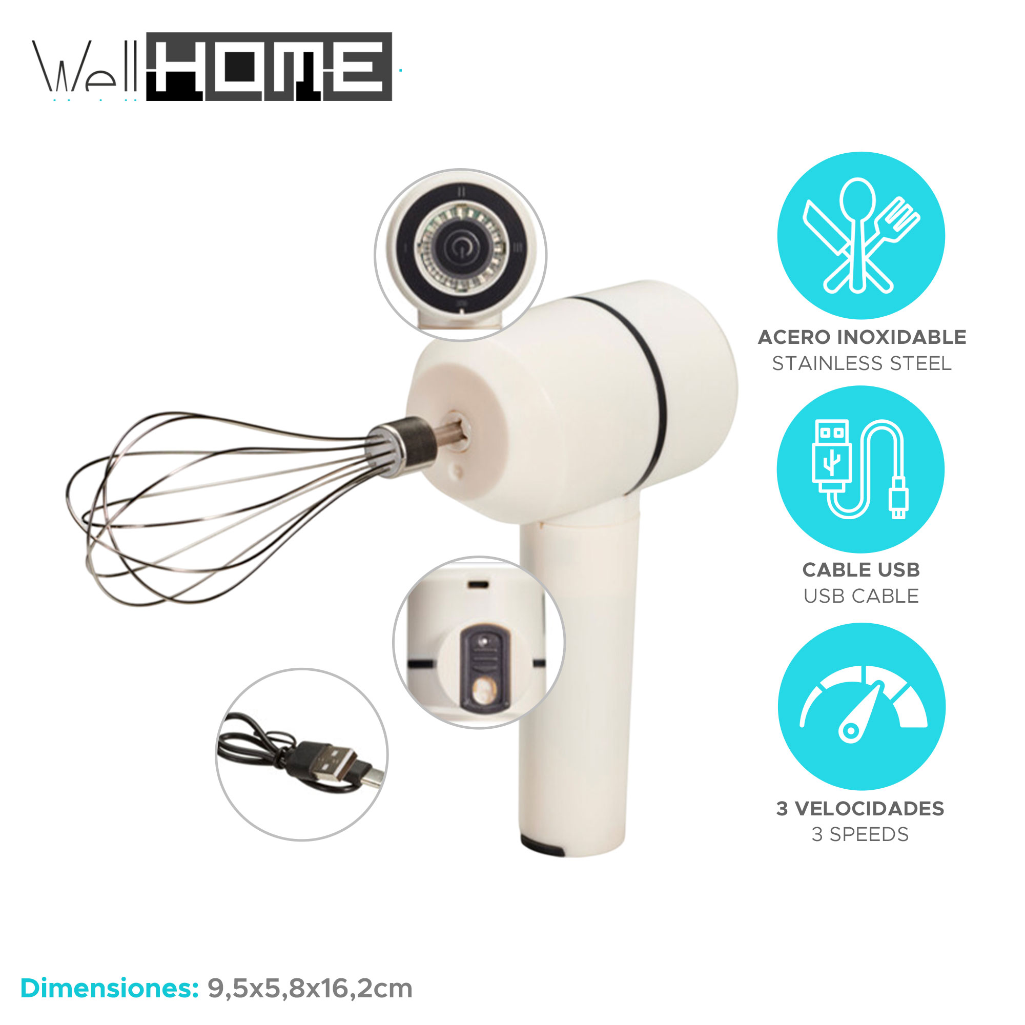 Una batidora eléctrica blanca con accesorio de batidor. Incluye un cable USB e información sobre acero inoxidable y velocidades.
