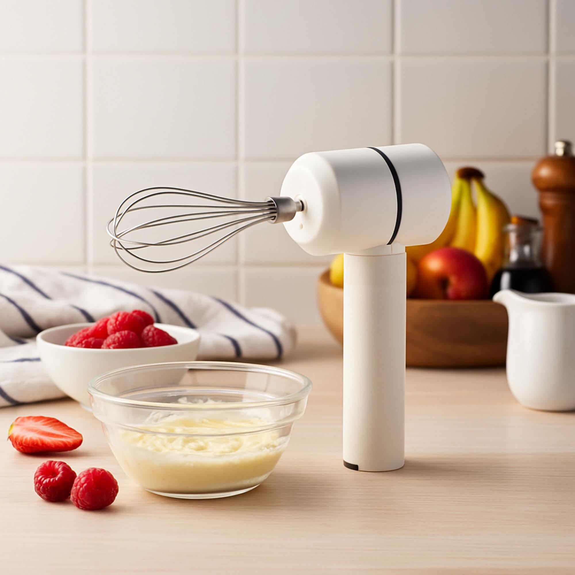 Una batidora de mano blanca con batidor de alambre está sobre una mesa. Hay frambuesas, crema y fruta cerca.