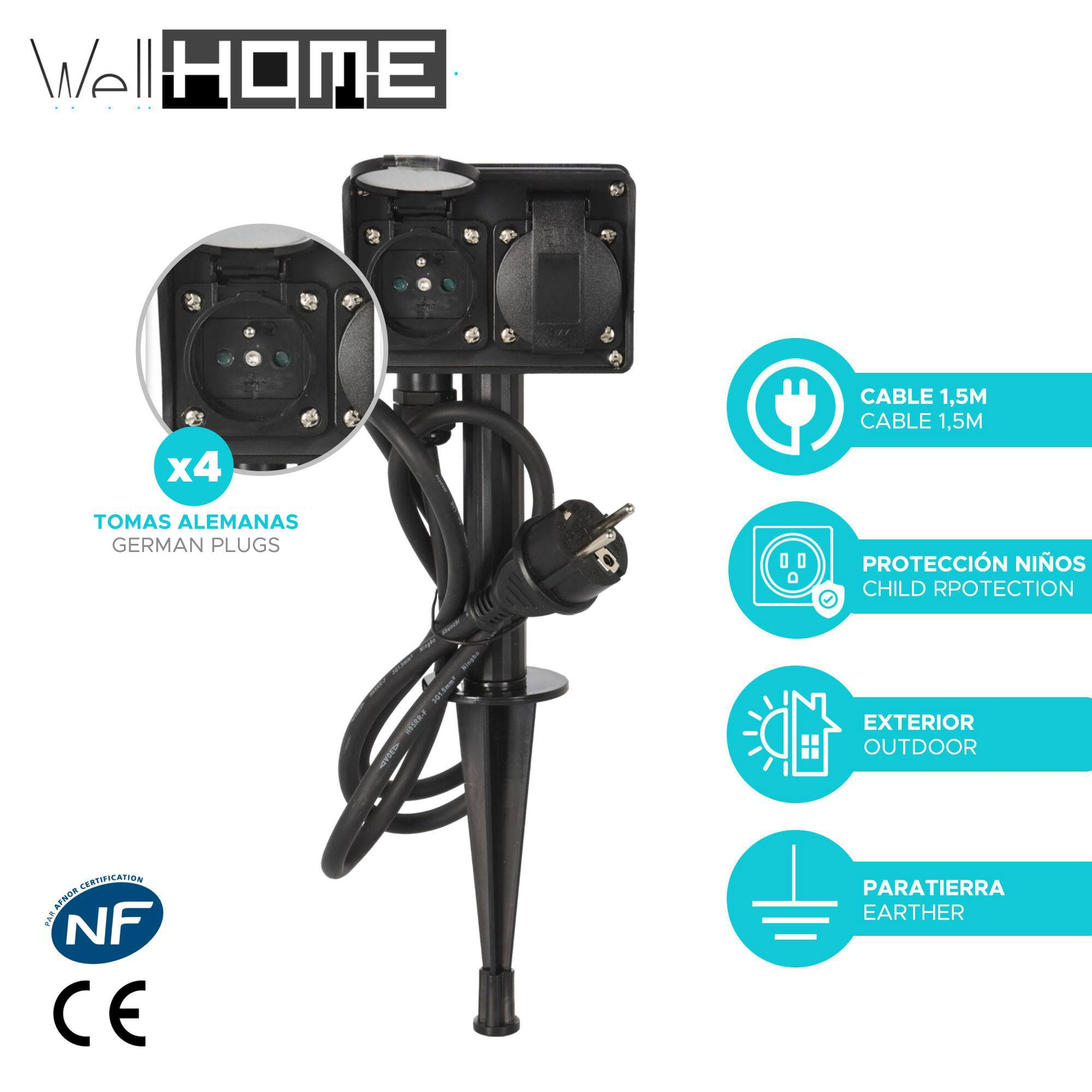 Toma de corriente exterior negra con enchufes alemanes, cable y características de seguridad. Iconos indican uso exterior, protección infantil y tierra.