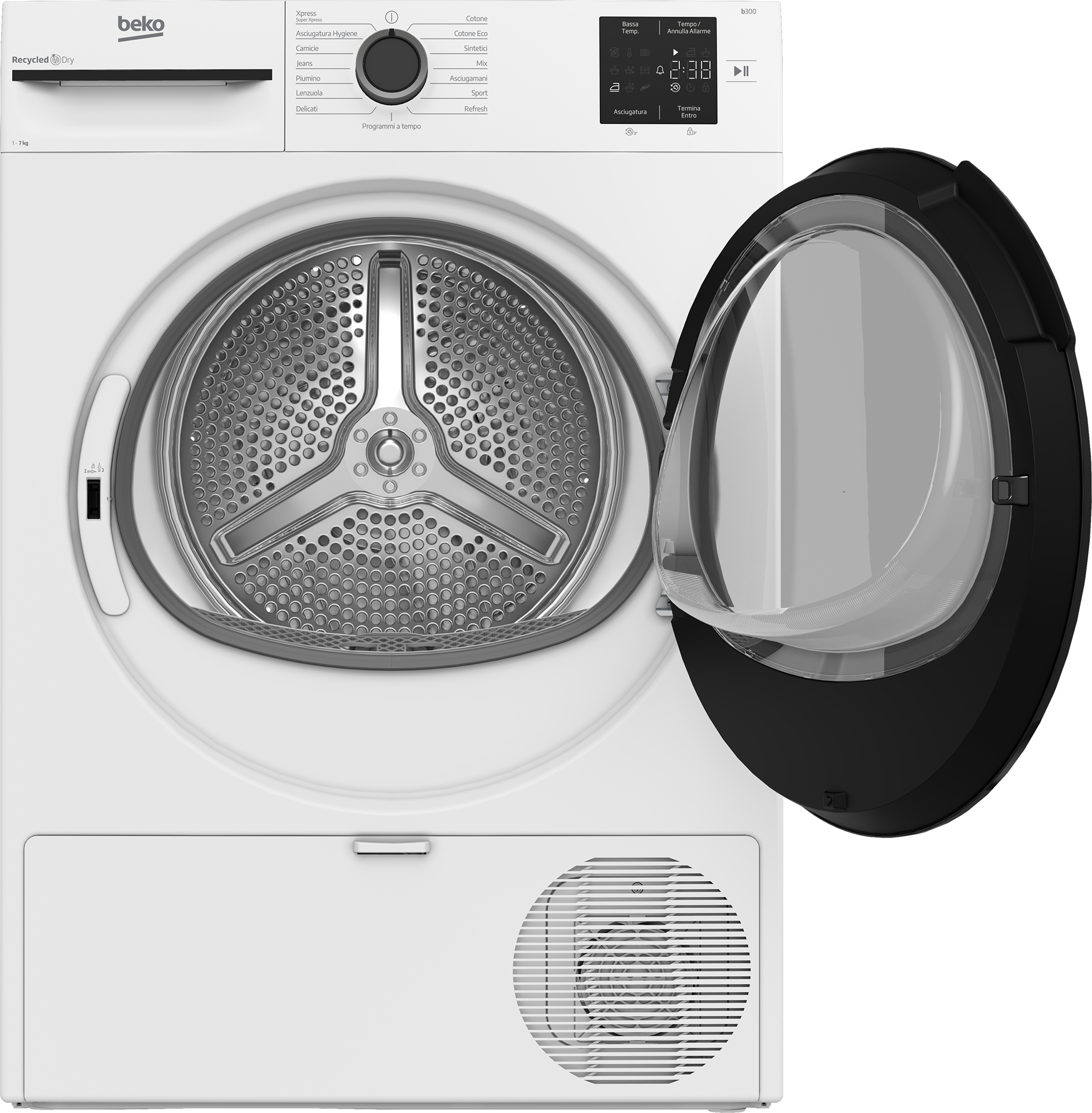 Asciugatrice Beko bianca con porta nera aperta. All'interno, un tamburo metallico perforato è visibile. Pannello di controllo in alto.