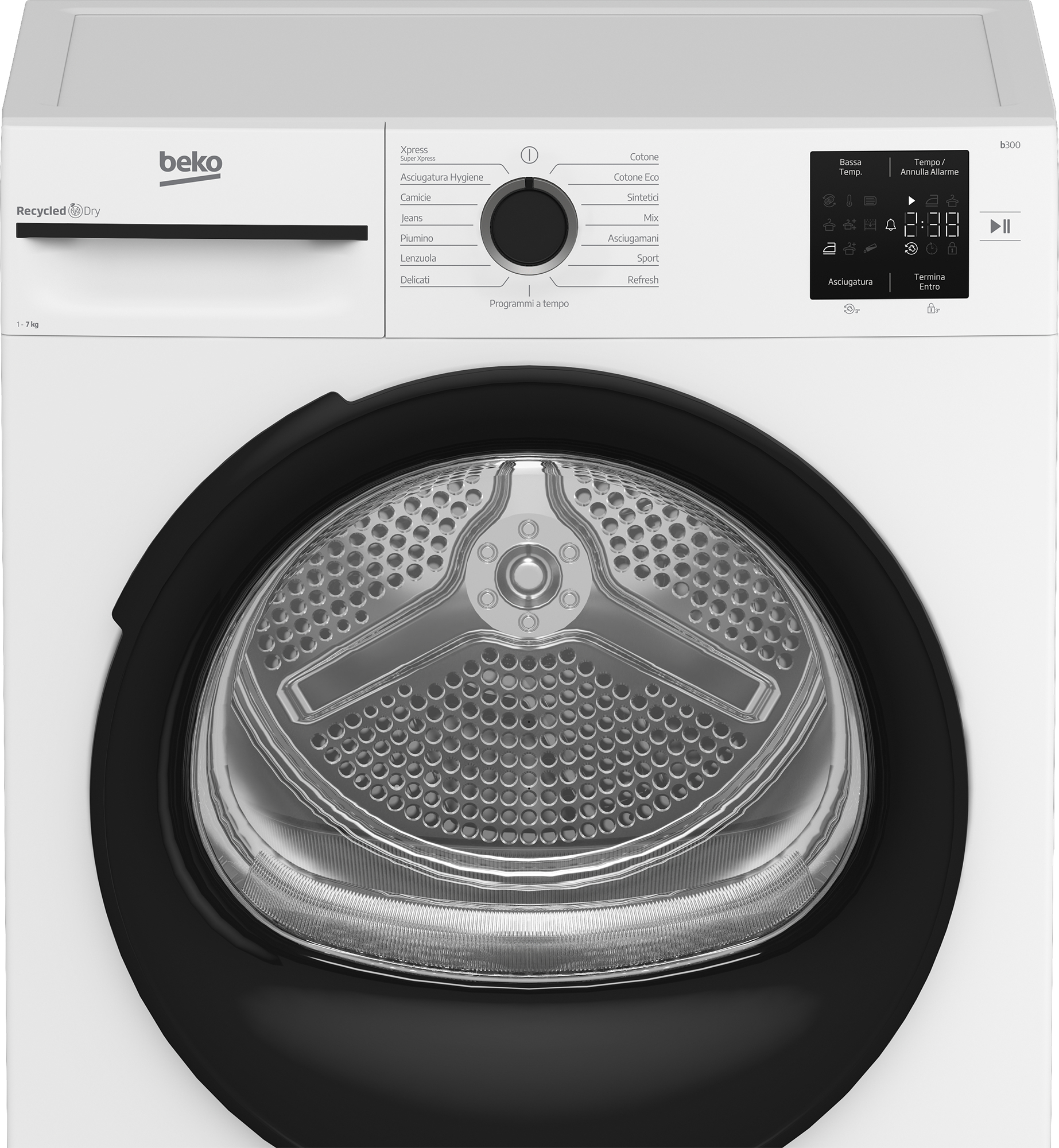 Un'asciugatrice Beko bianca con porta nera. Ha un pannello di controllo e un display digitale.