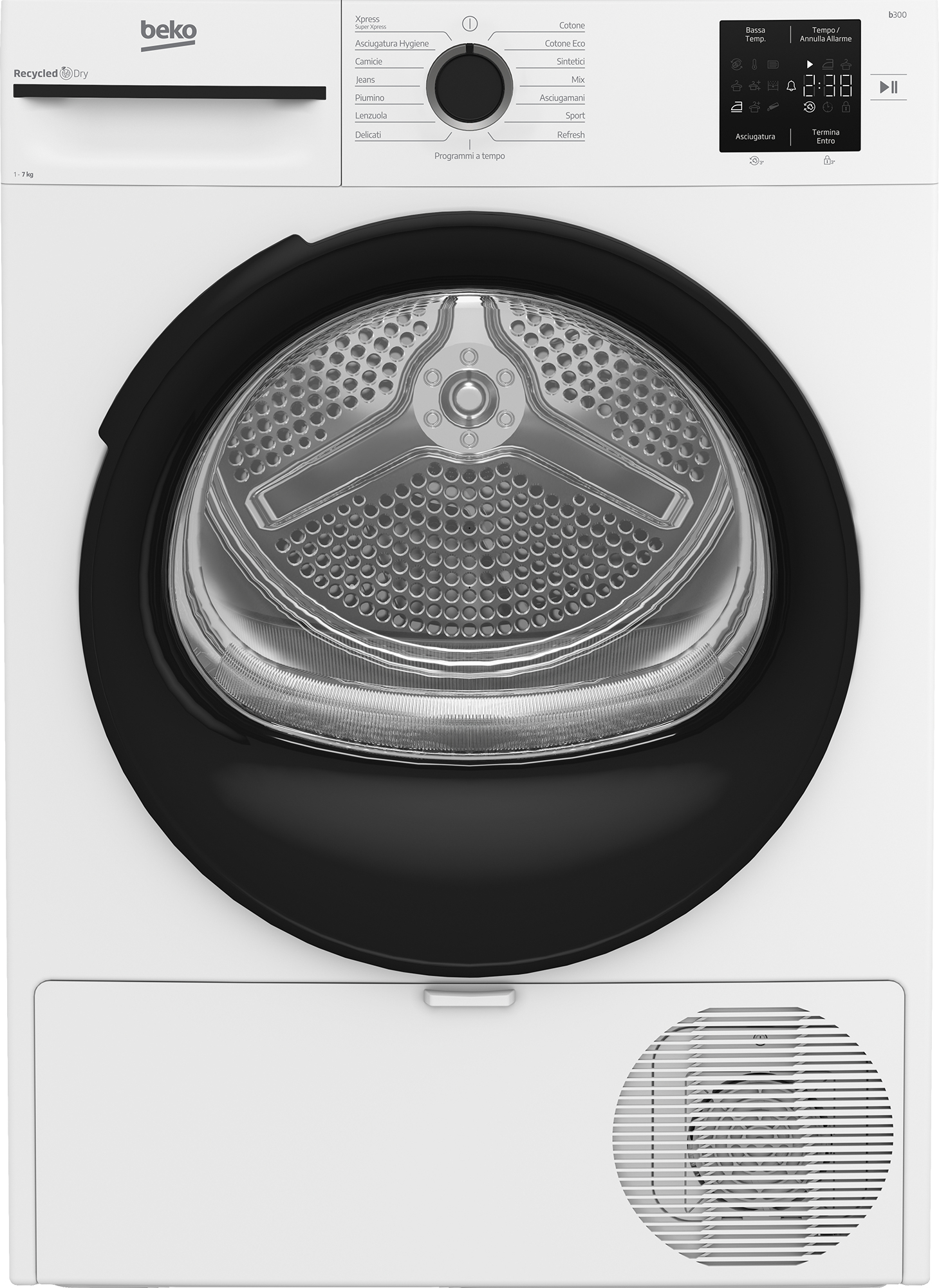 Un'asciugatrice Beko bianca con porta nera. Ha un pannello di controllo con pulsanti e un display con ora e impostazioni.