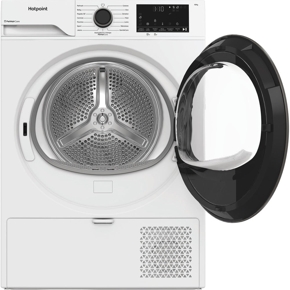 Un'asciugatrice Hotpoint bianca con porta nera aperta. Il cestello è visibile. I comandi e il display sono sul pannello superiore.
