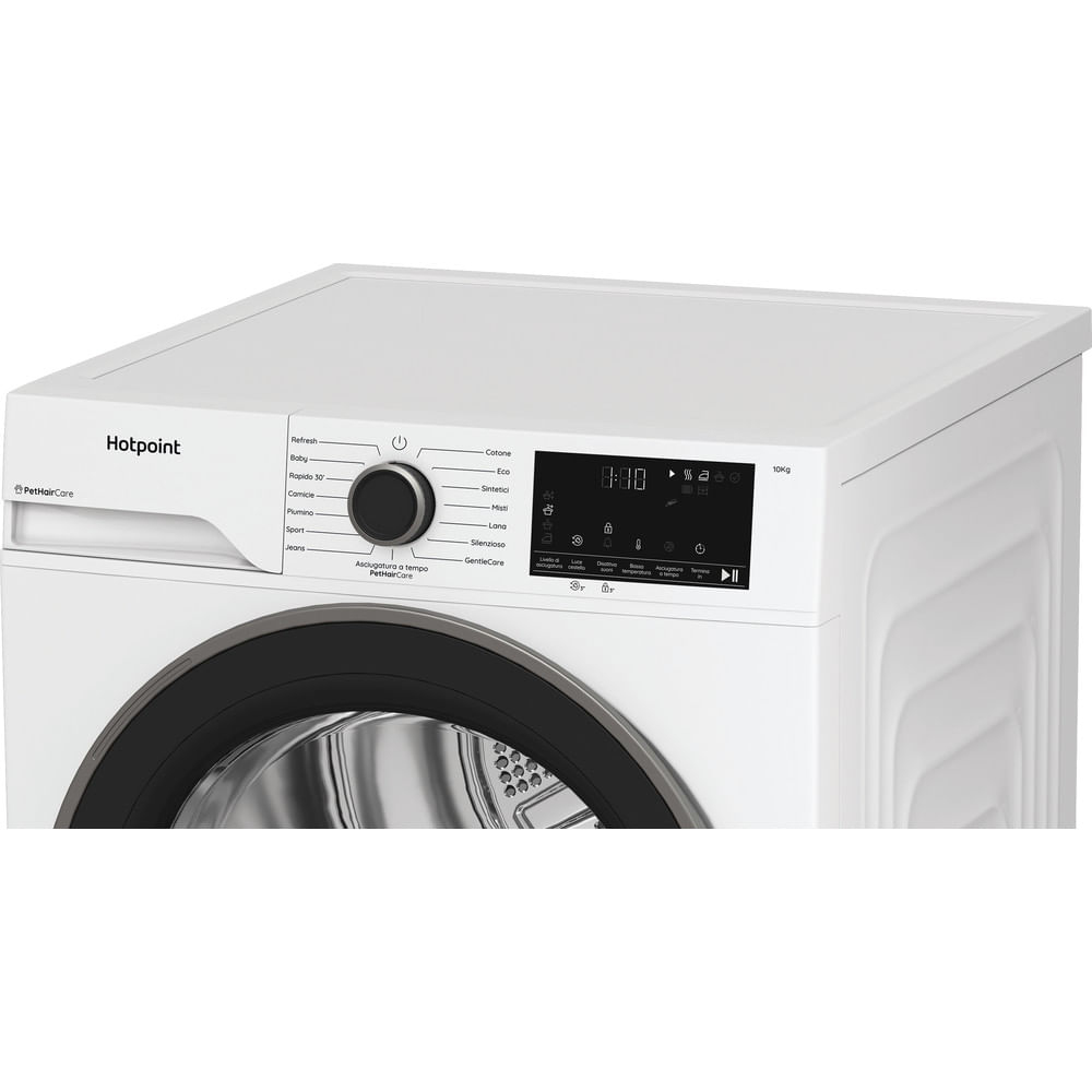 Asciugatrice Hotpoint bianca con porta nera. Ha un pannello di controllo con pulsanti e un display digitale che mostra 8:00.