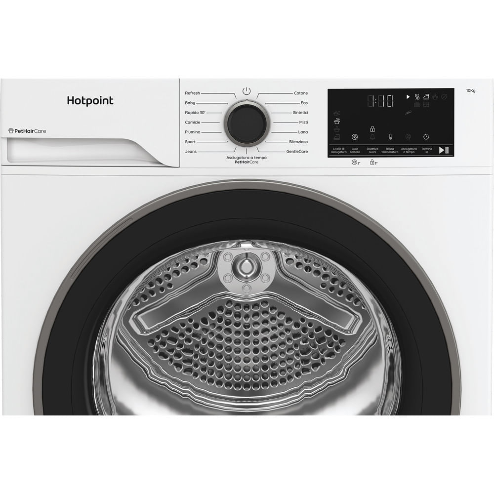 Un'asciugatrice Hotpoint bianca con pannello di controllo, porta e display digitale. La porta è bordata di nero e l'interno è metallico.