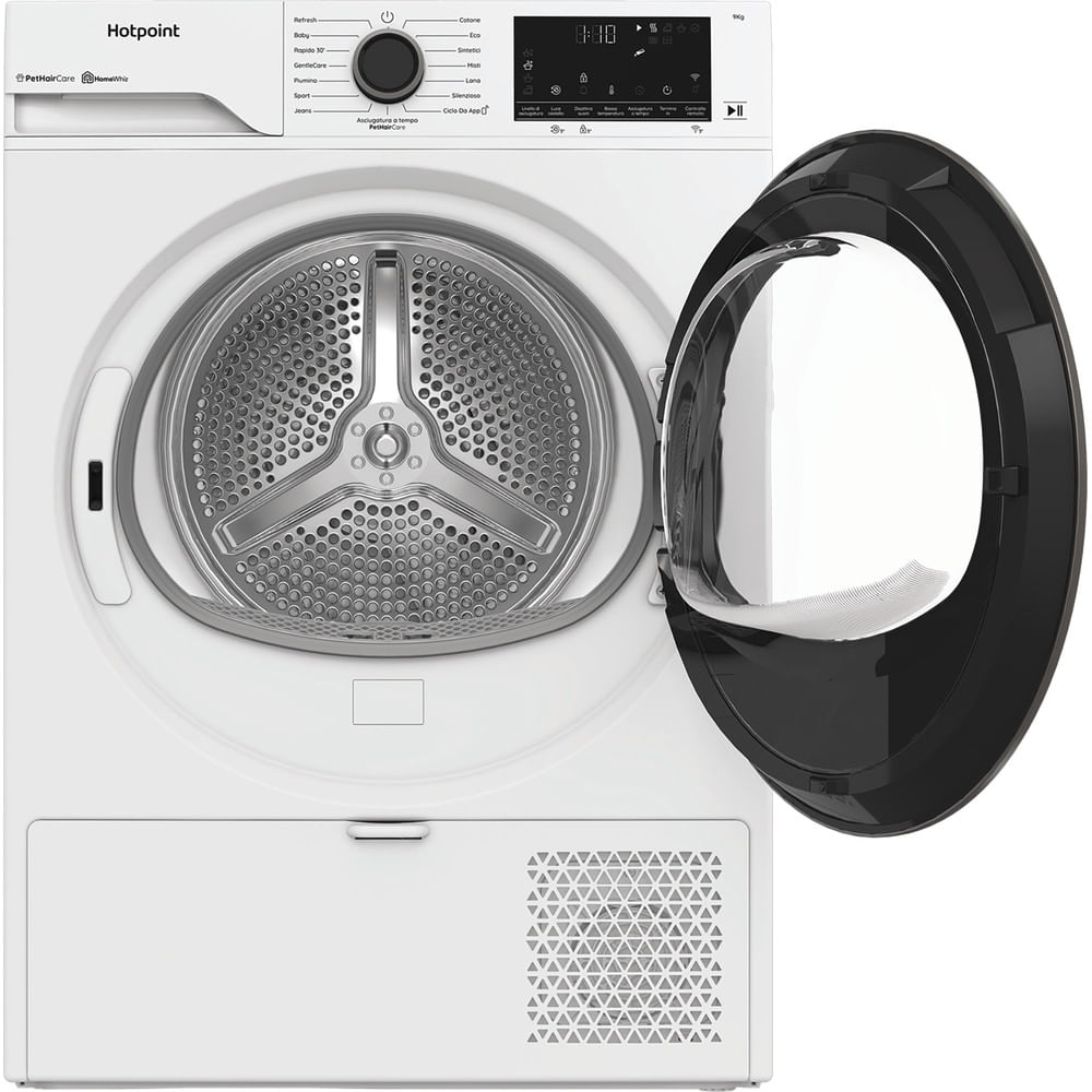 Asciugatrice Hotpoint bianca con porta aperta. Il cestello è visibile. Un pannello di controllo è in alto. La porta è nera e trasparente.
