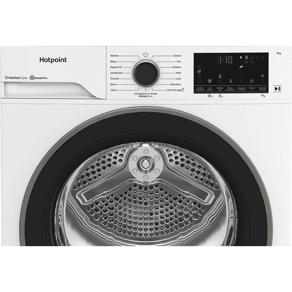 Un'asciugatrice Hotpoint bianca con cornice nera. Ha pannello comandi, display e varie impostazioni per l'asciugatura.