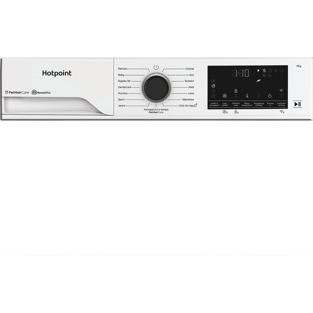 Asciugatrice Hotpoint bianca con pannello di controllo, manopola e display digitale che mostra 8:18. Presenti varie icone.