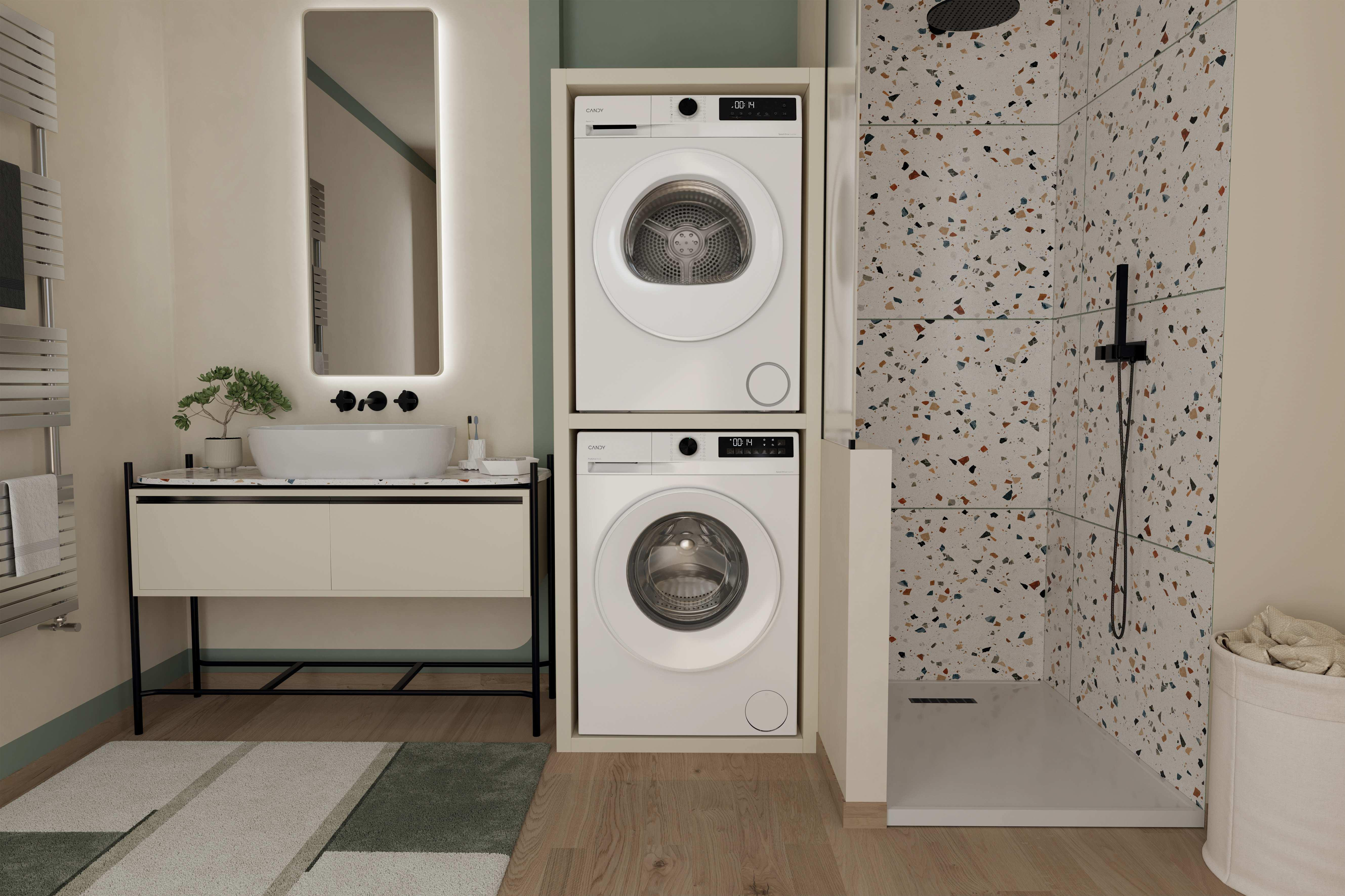 Scena bagno con lavatrice e asciugatrice impilate, doccia, lavabo e specchio. Design moderno con colori neutri.