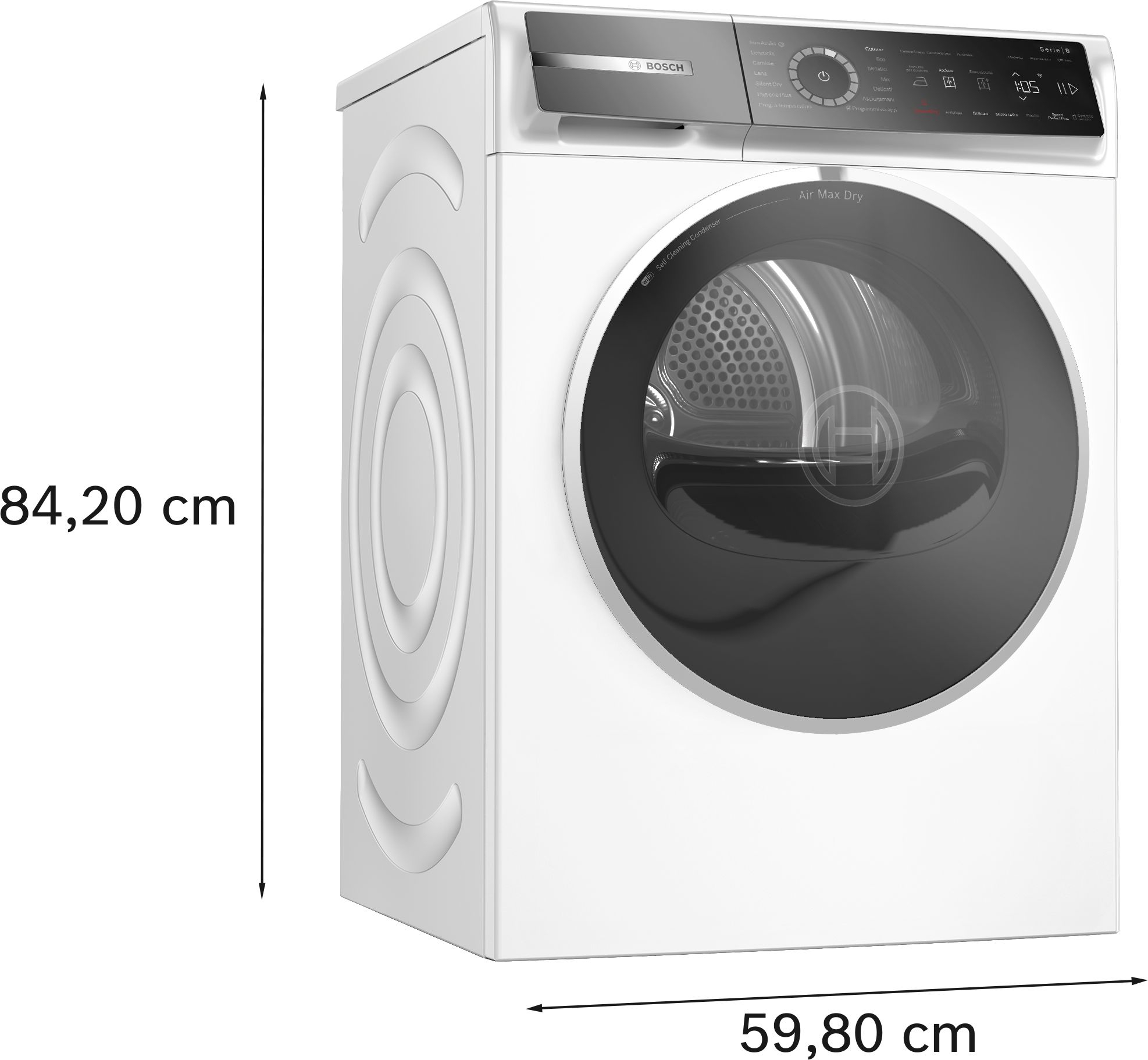 Un'asciugatrice Bosch bianca con porta nera. Ha dimensioni: 84,20 cm di altezza e 59,80 cm di larghezza.