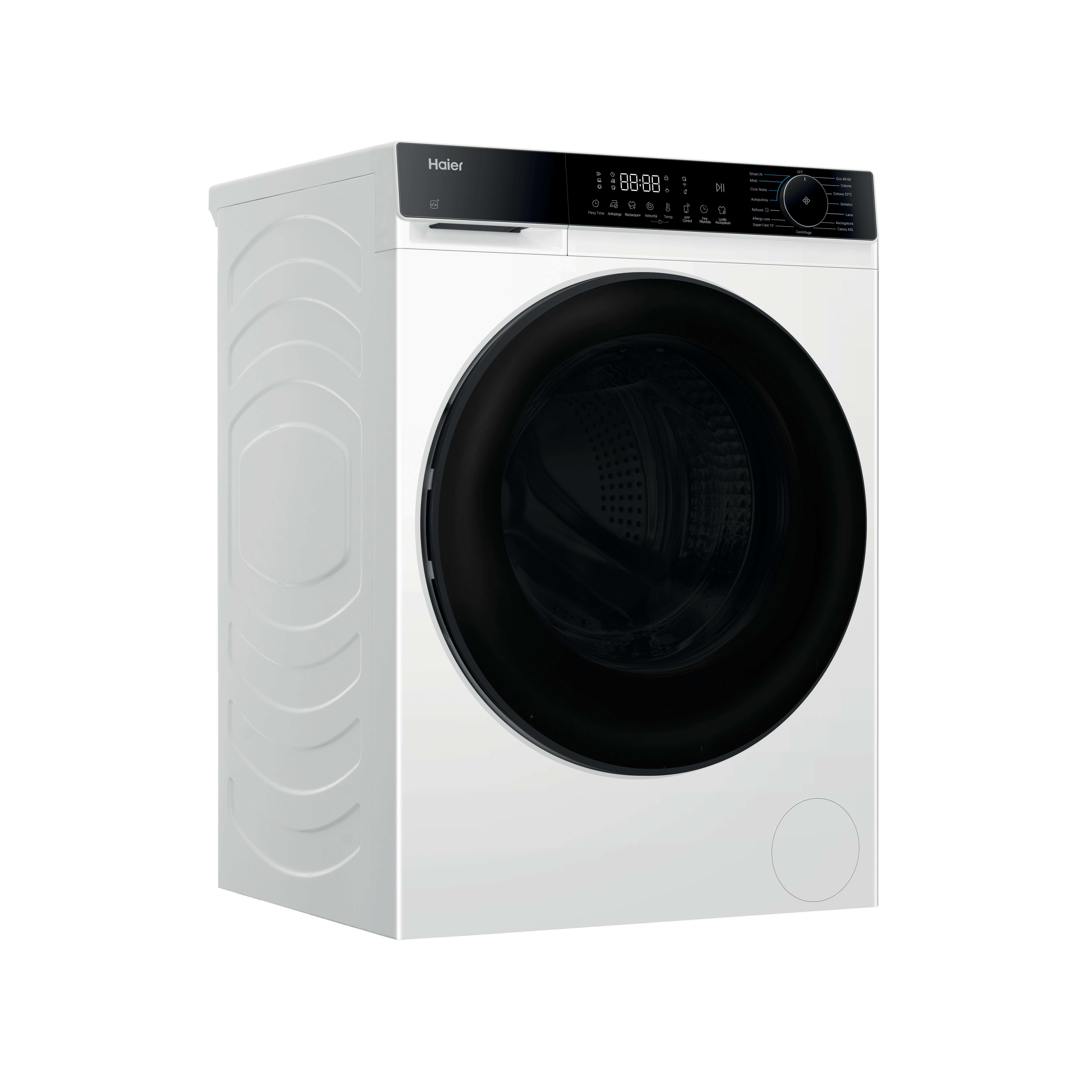 Una lavatrice Haier bianca. Ha una porta nera e un pannello di controllo con display digitale e pulsanti.