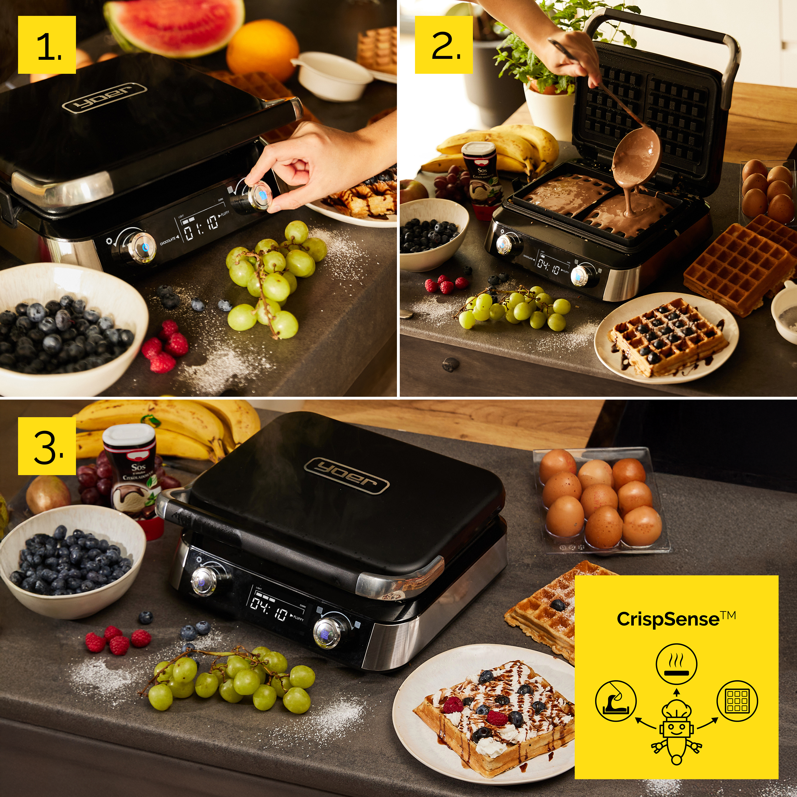 Gofrownica z goframi, owocami i dodatkami na stole. Ktoś wlewa ciasto do żelazka.