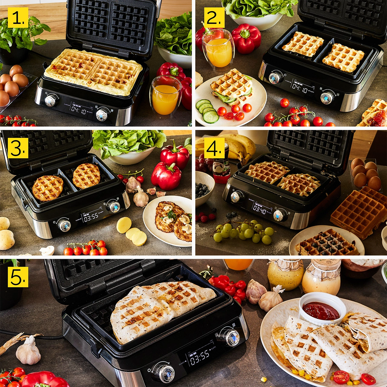 Gofry w gofrownicy. Różne produkty spożywcze, takie jak jajka, warzywa i sok, otaczają maszynę na stole.