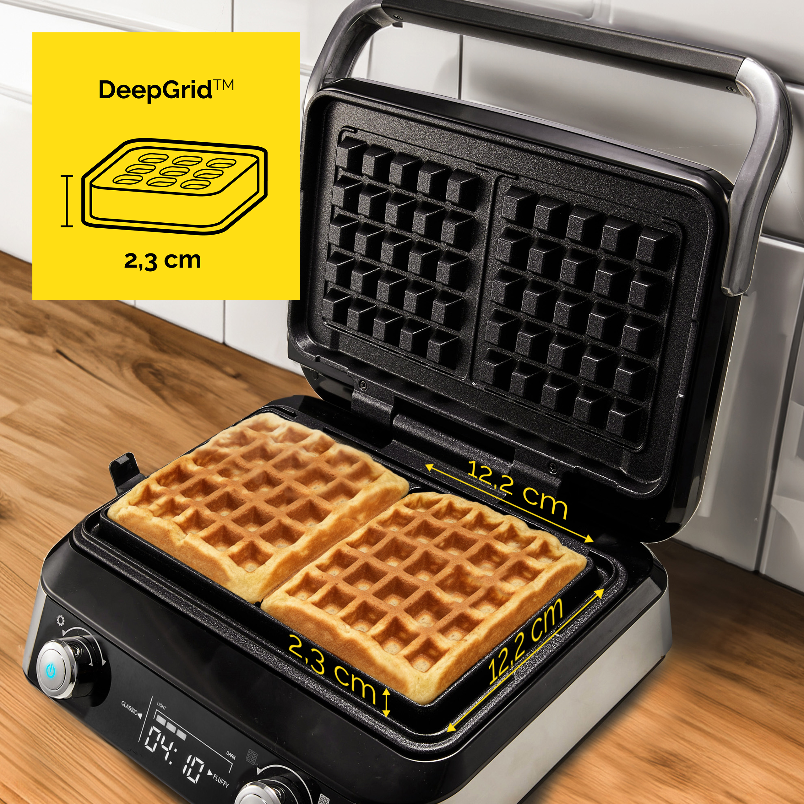 Gofrownica z dwoma złotymi goframi. Wyświetlane są wymiary. Żółte pole pokazuje szczegół DeepGrid.