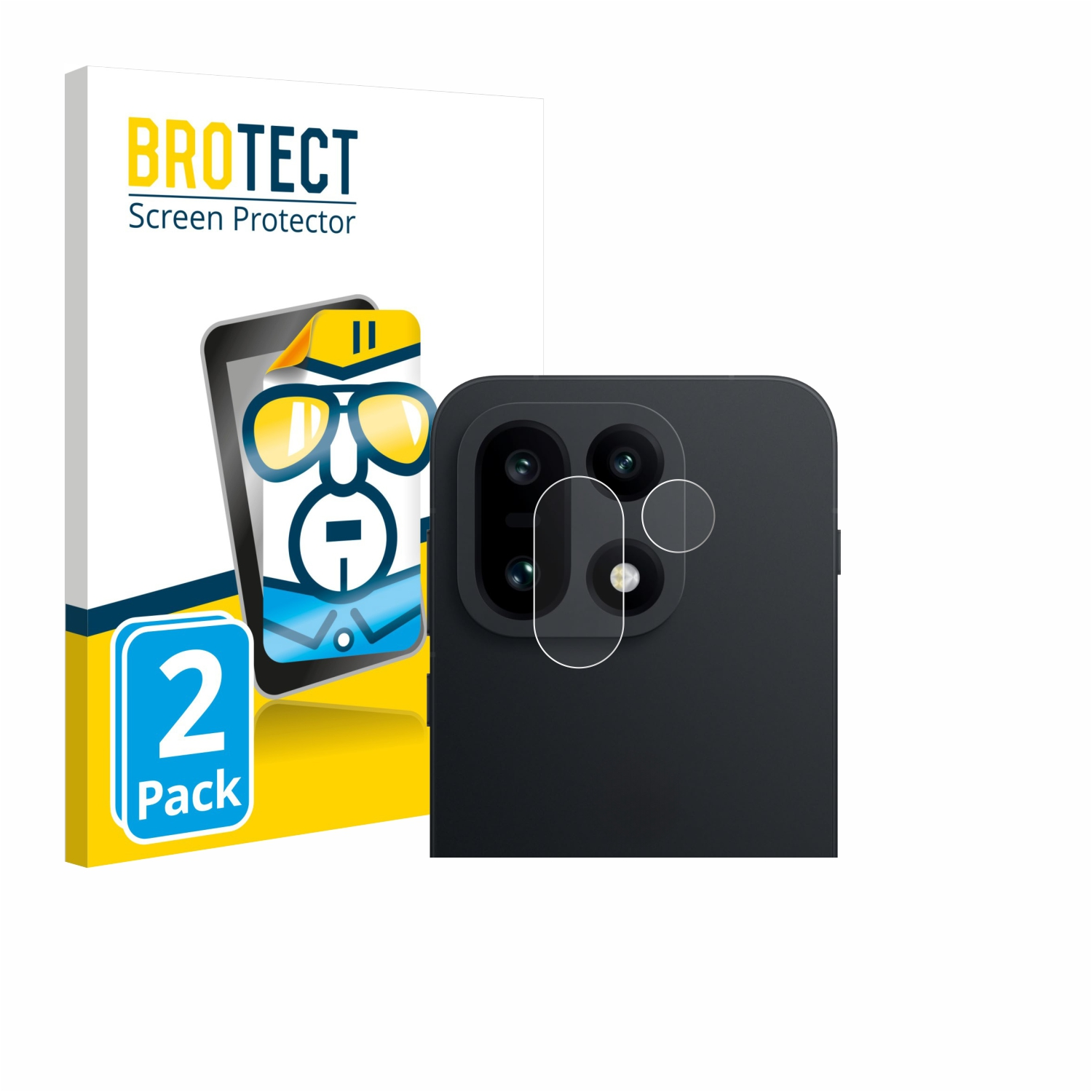 Ein Telefon und eine Displayschutzverpackung werden angezeigt. Der Schutz ist für die Kamera und den Bildschirm mit einem '2er-Pack'-Aufkleber.