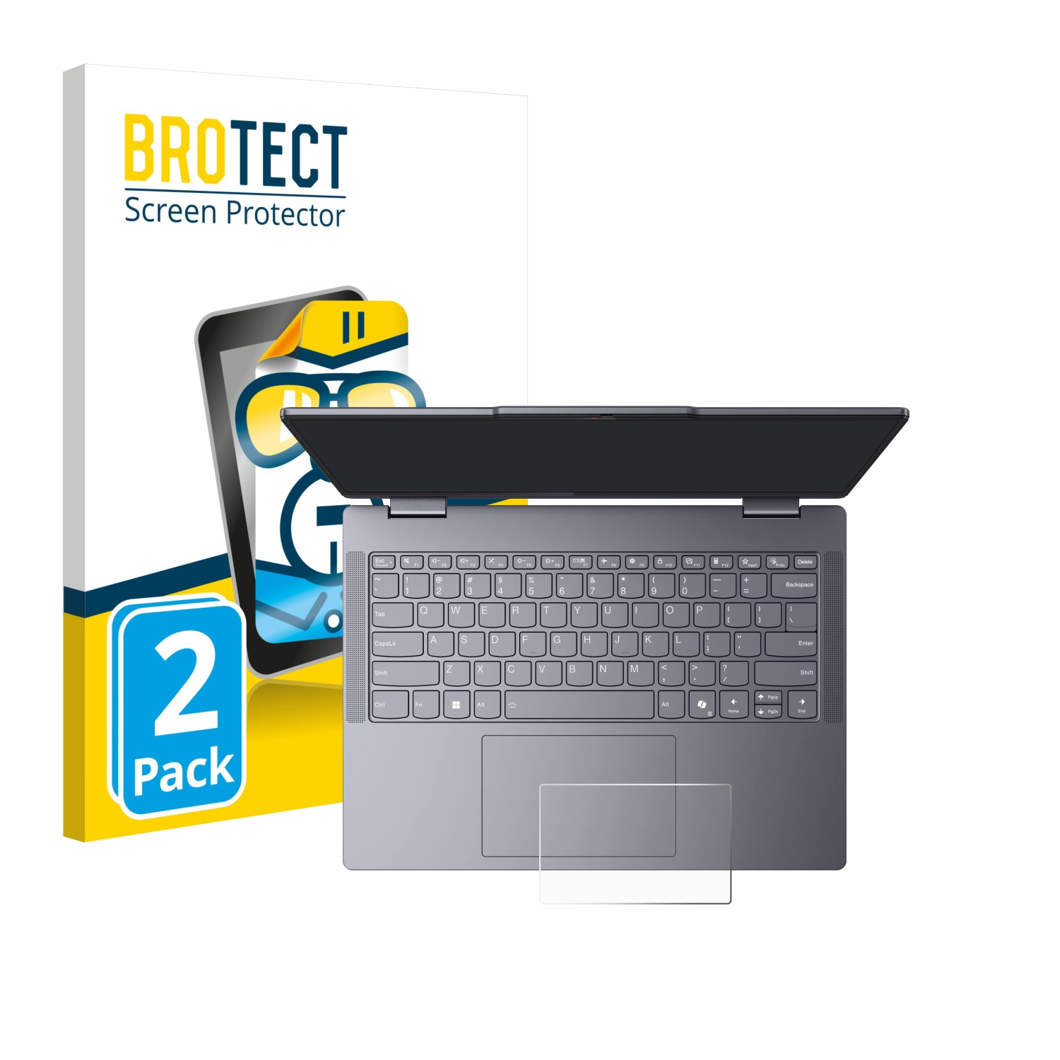 Laptop mit Displayschutzfolie. Eine Packung Displayschutzfolien befindet sich hinter dem Laptop. Der Laptop ist geöffnet und zeigt die Tastatur.