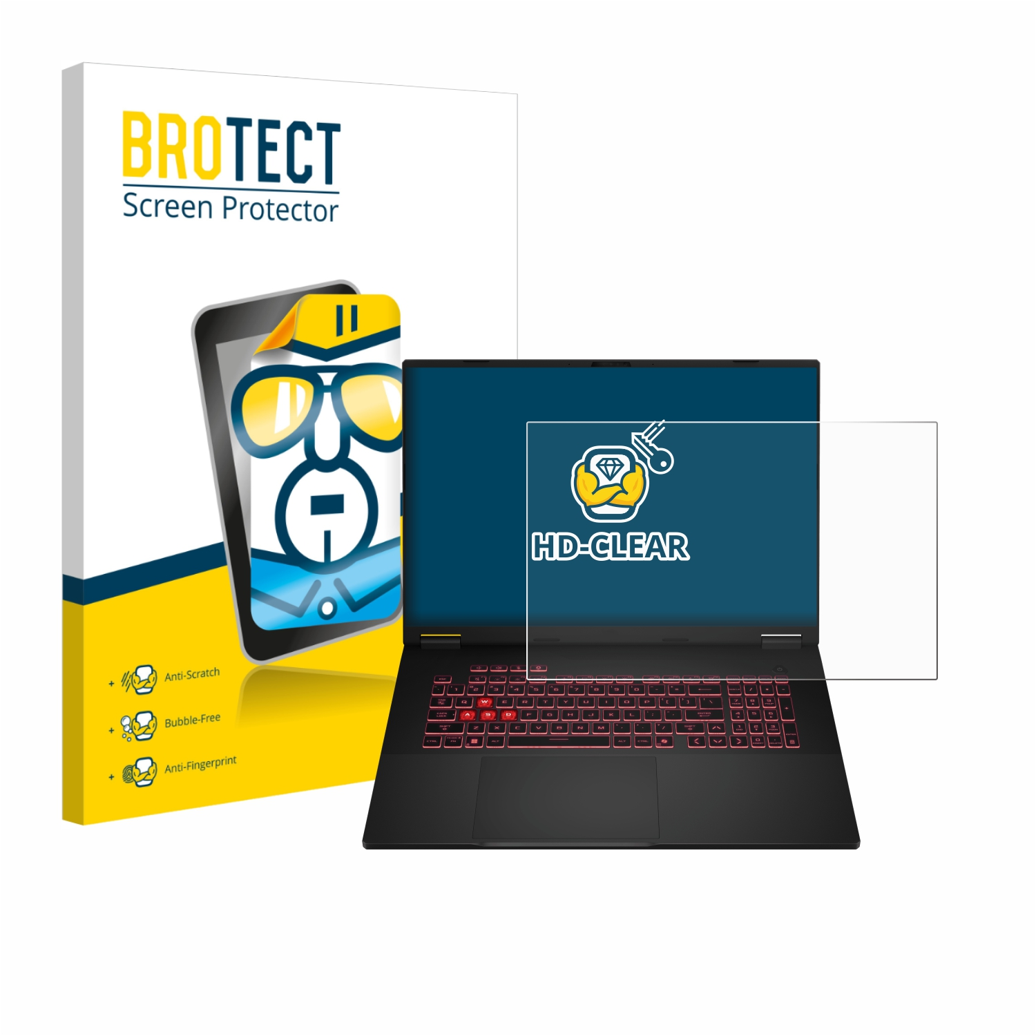Ein Laptop mit Displayschutz, eine Box mit Displayschutz und eine Telefonillustration darauf.