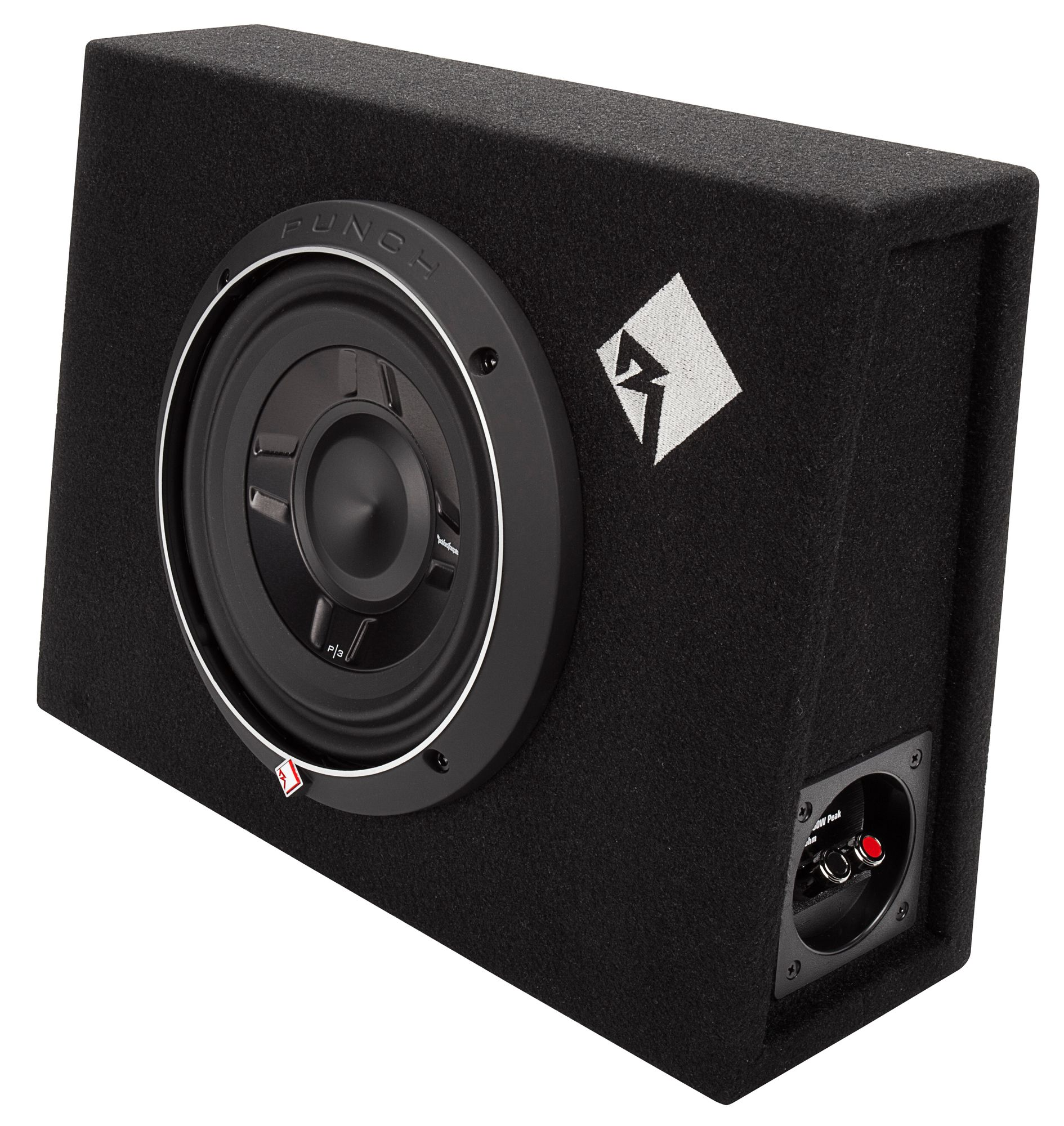 Schwarze Subwoofer-Box mit Lautsprecher. Ein weißes Logo befindet sich an der Seite. Rote und silberne Anschlüsse sind sichtbar.