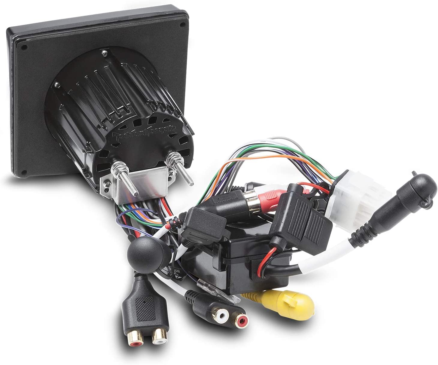 Schwarzes elektronisches Gerät mit Drähten und Steckern. Enthält eine schwarze quadratische Platte und verschiedene farbige Drähte.