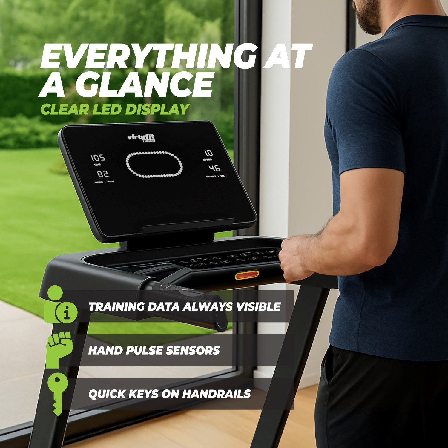 Ein Mann benutzt ein Laufband mit einem übersichtlichen LED-Display. Das Display zeigt Zeit, Geschwindigkeit und andere Daten an. Merkmale sind Pulssensoren und Schnellwahltasten.