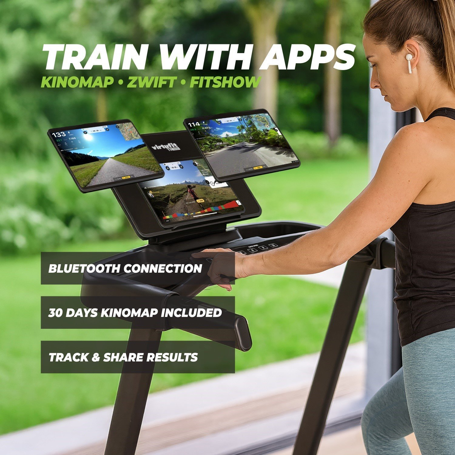 Eine Frau auf einem Laufband nutzt Apps. Bildschirme zeigen Radrouten. Text: Bluetooth, Kinomap, Ergebnisse. Grüner Hintergrund.