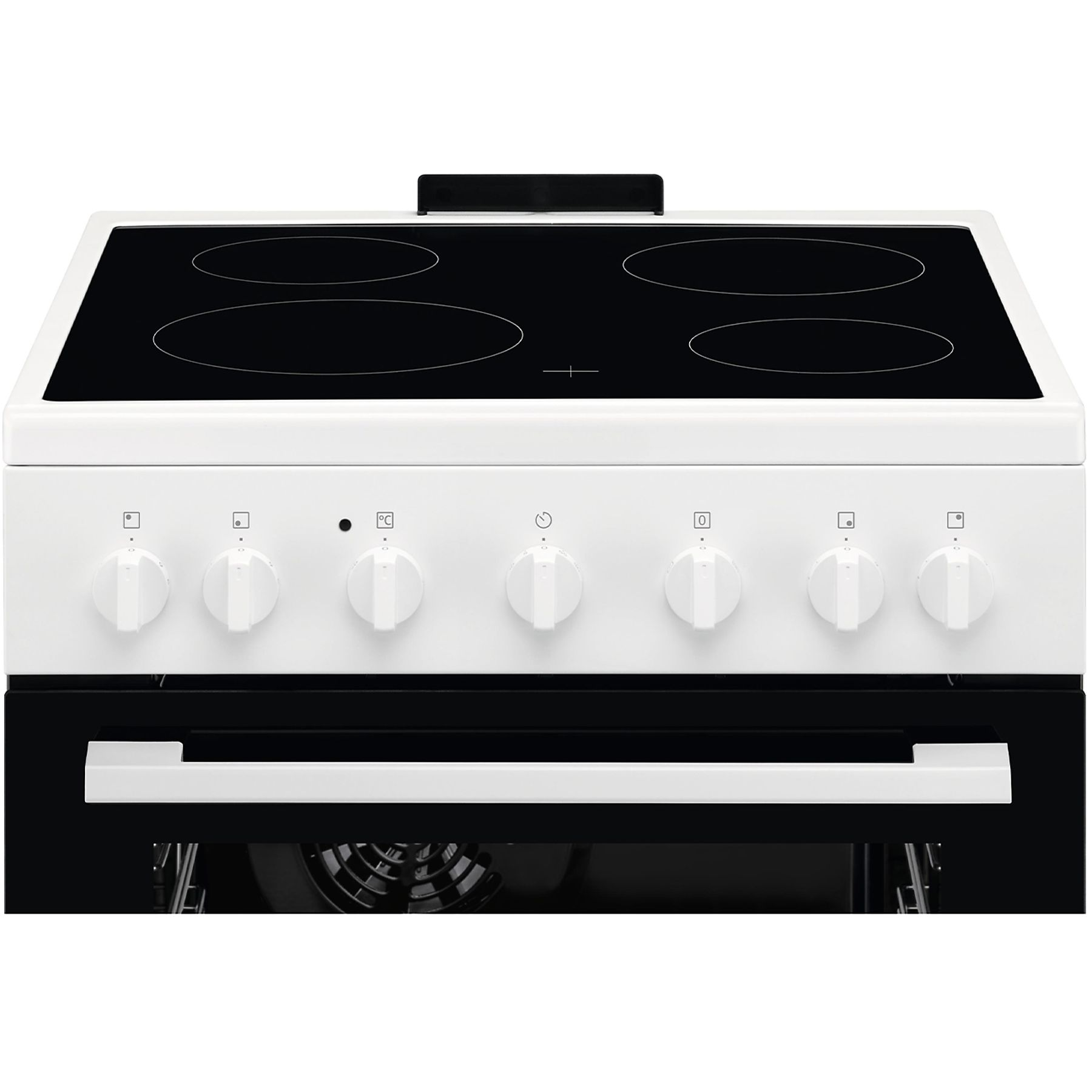 Una cucina elettrica bianca con piano cottura nero, manopole bianche e porta del forno nera.