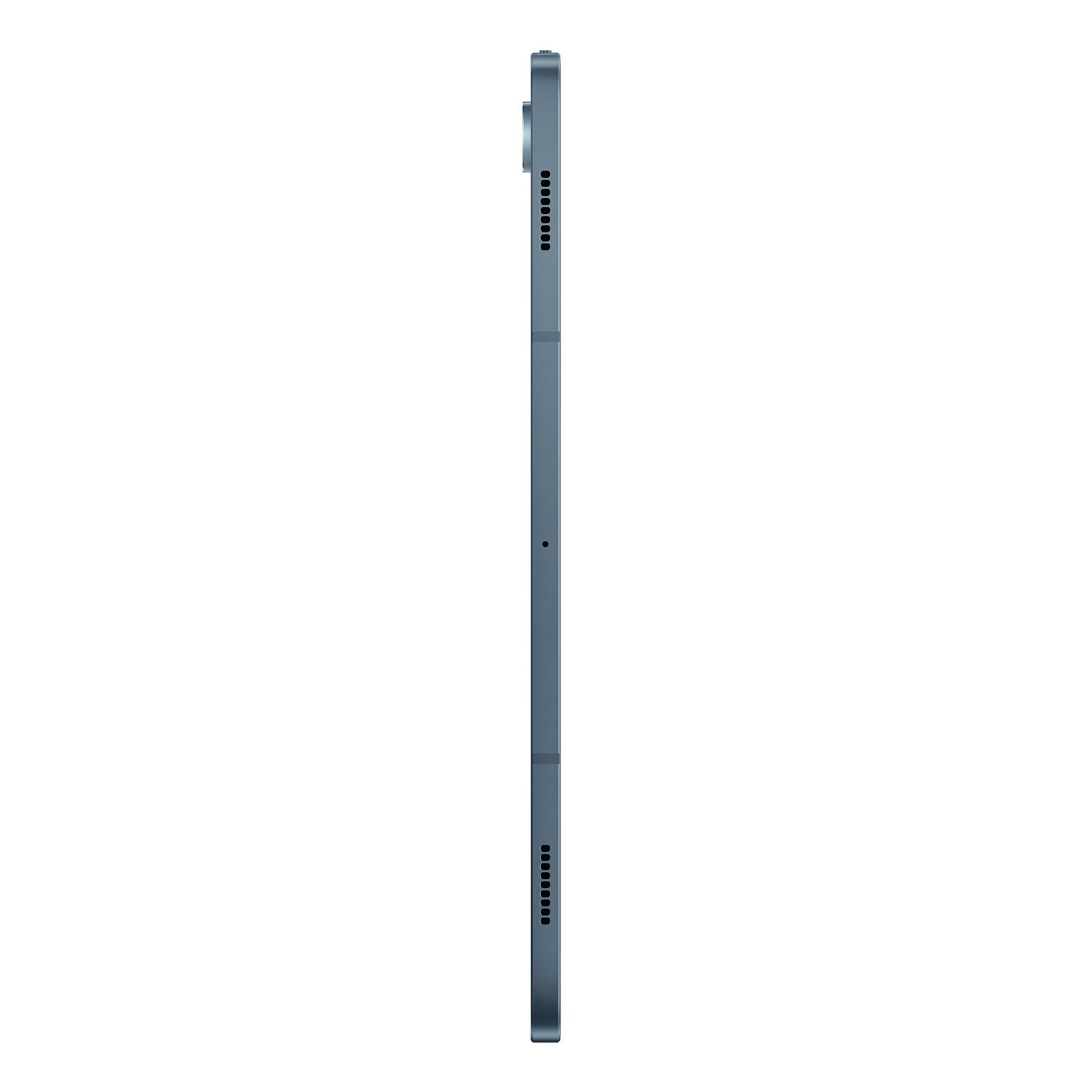 Graues Tablet in Seitenansicht. Sichtbare Merkmale sind eine Kamera und Lautsprecherlöcher. Das Gerät vor weißem Hintergrund.