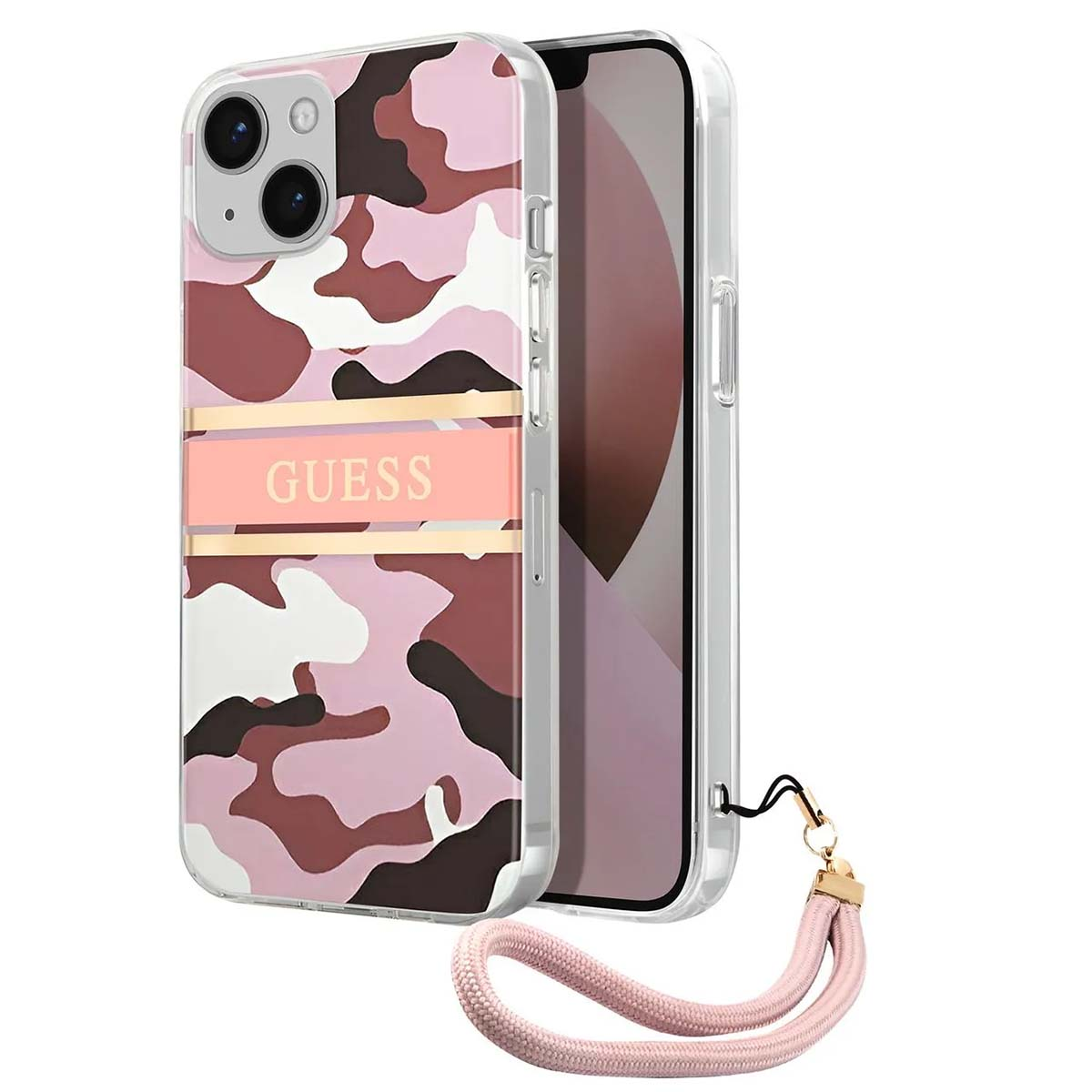 Una custodia per telefono con un design mimetico rosa e il logo 'GUESS'. Un cinturino rosa è attaccato e il telefono è parzialmente visibile.