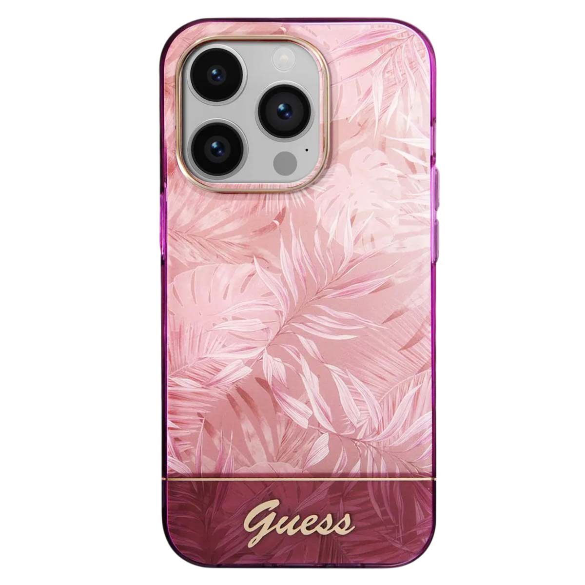 Custodia per telefono Guess rosa con motivo floreale e lenti della fotocamera.